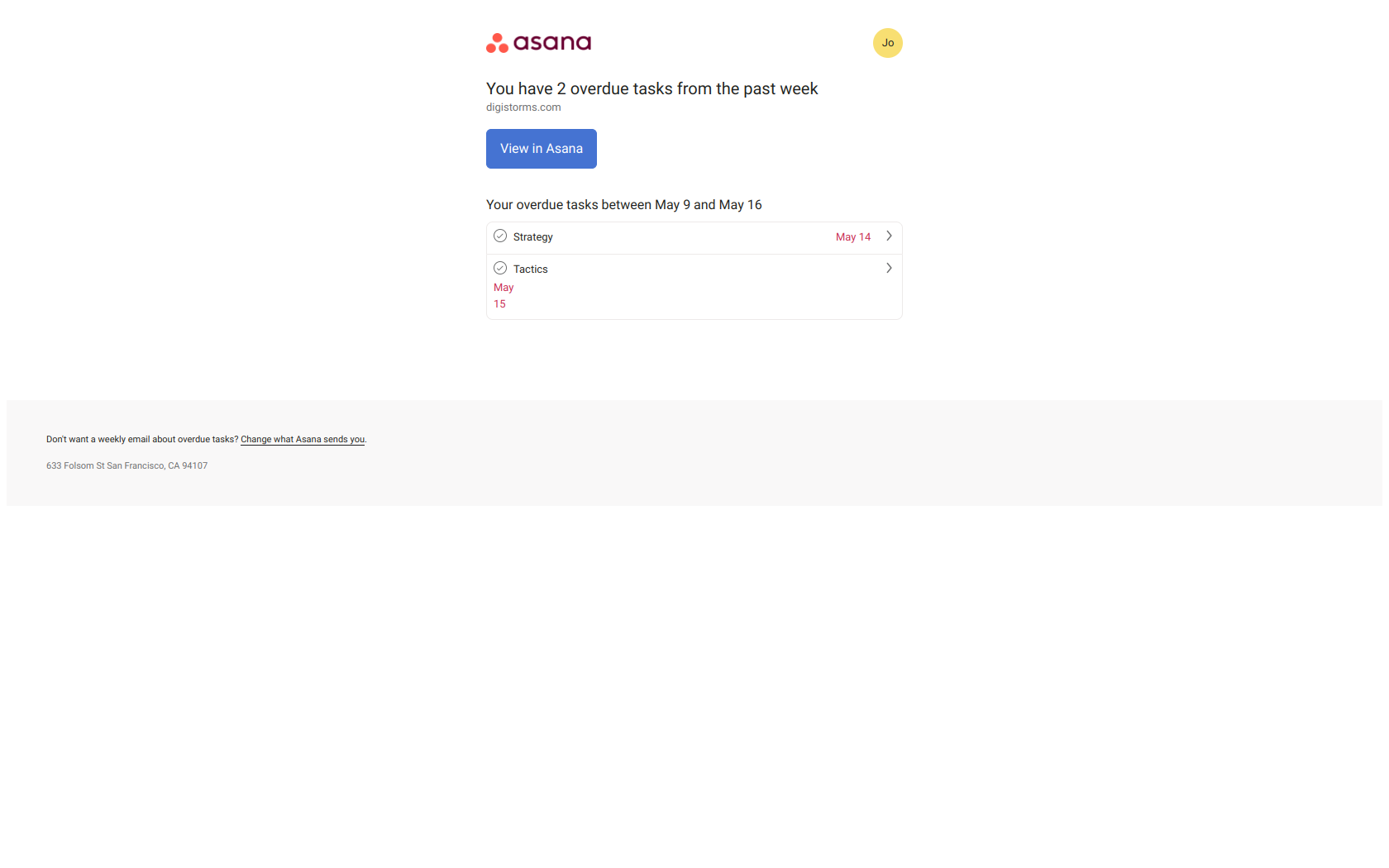 Your overdue tasks from the past week - digistorms.com — email screenshot from Asana