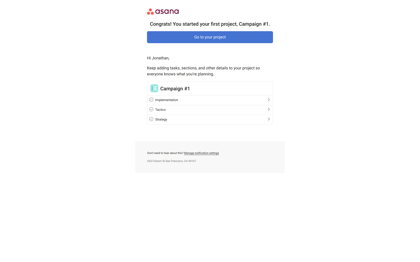 🎉 You started your first project — email screenshot from Asana
