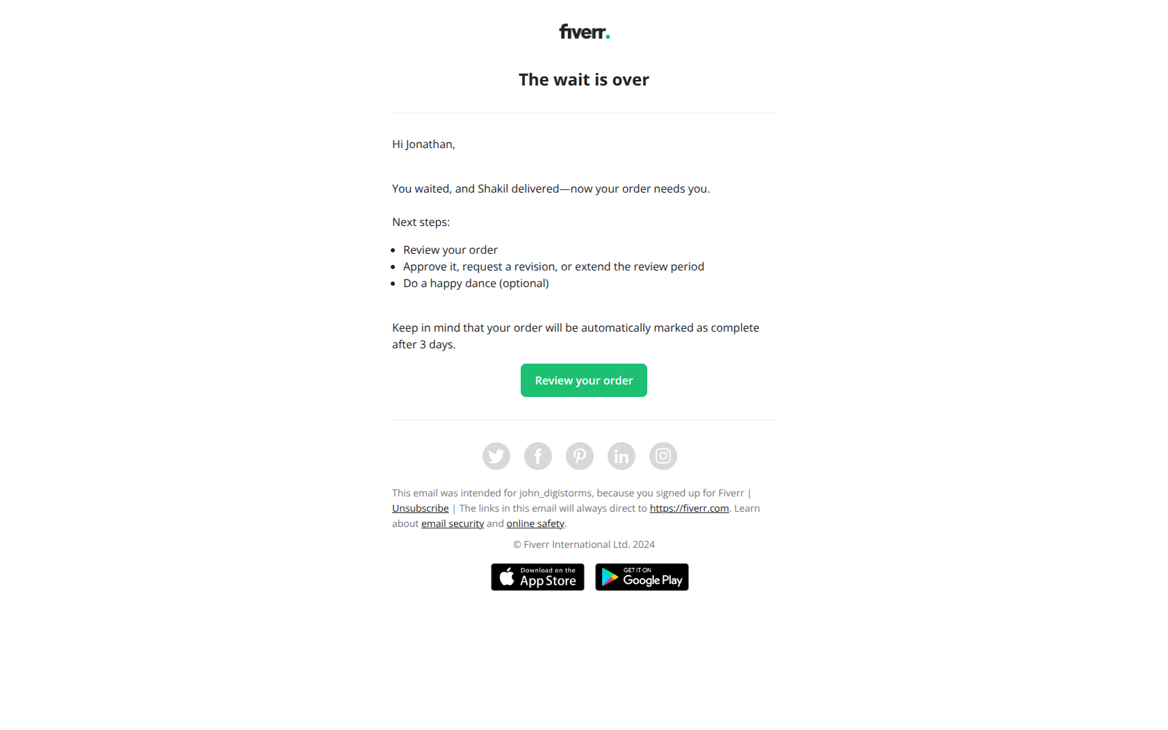 Great news: Your order is ready — email screenshot from Fiverr