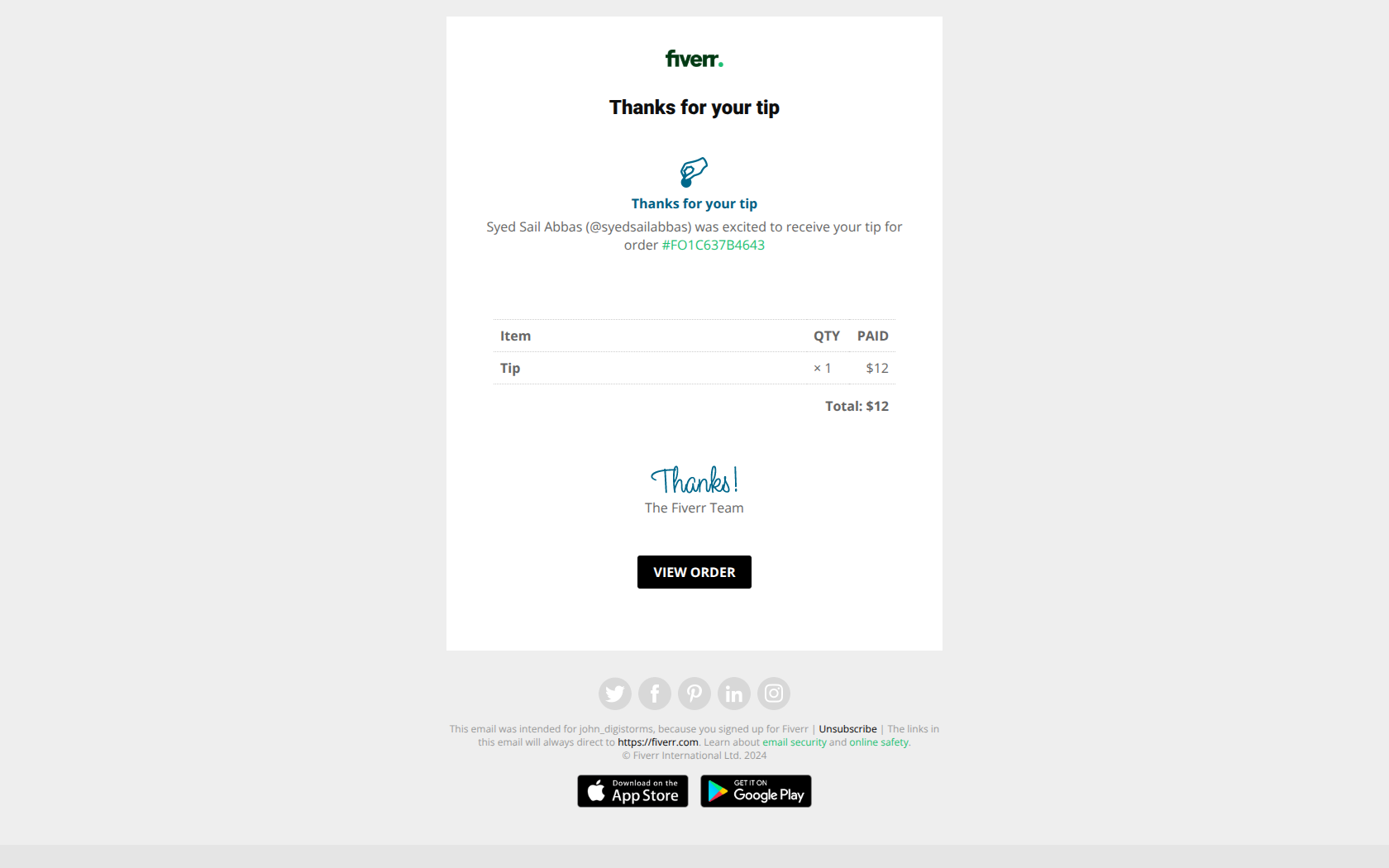 Thanks for your tip — email screenshot from Fiverr