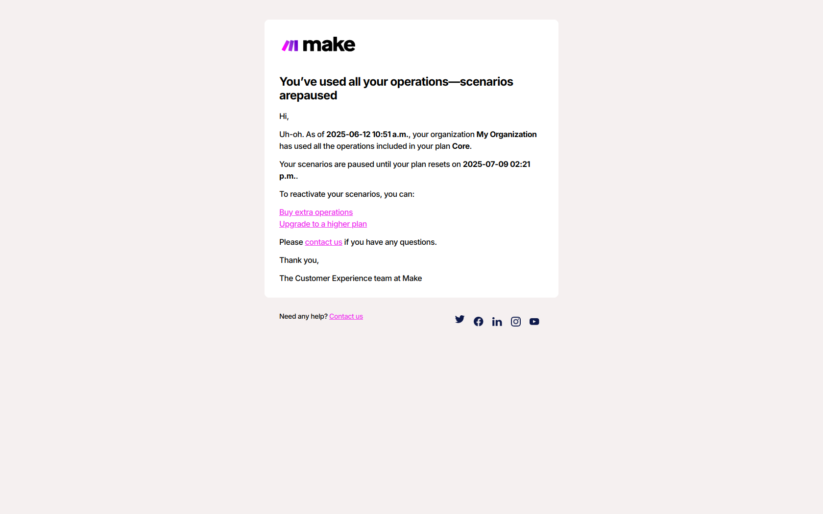 🛑 You’ve used all your operations—scenarios are paused — email screenshot from Make