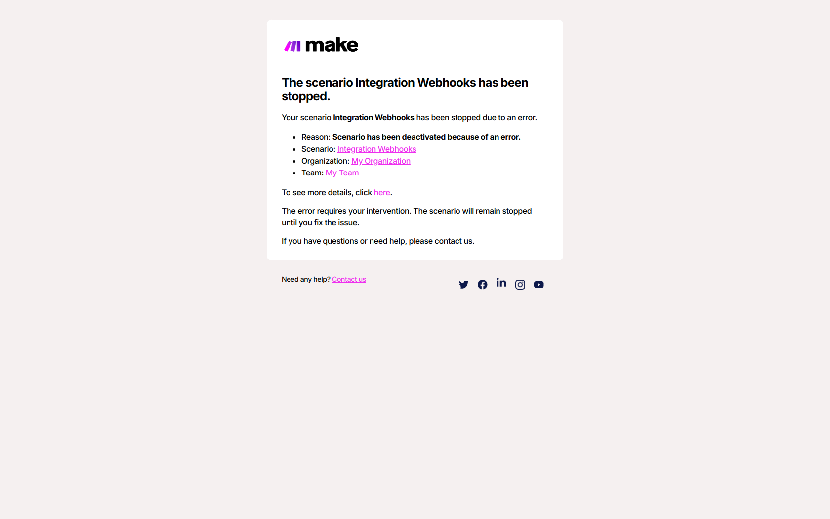 🛑 The scenario Integration Webhooks has been stopped. — email screenshot from Make