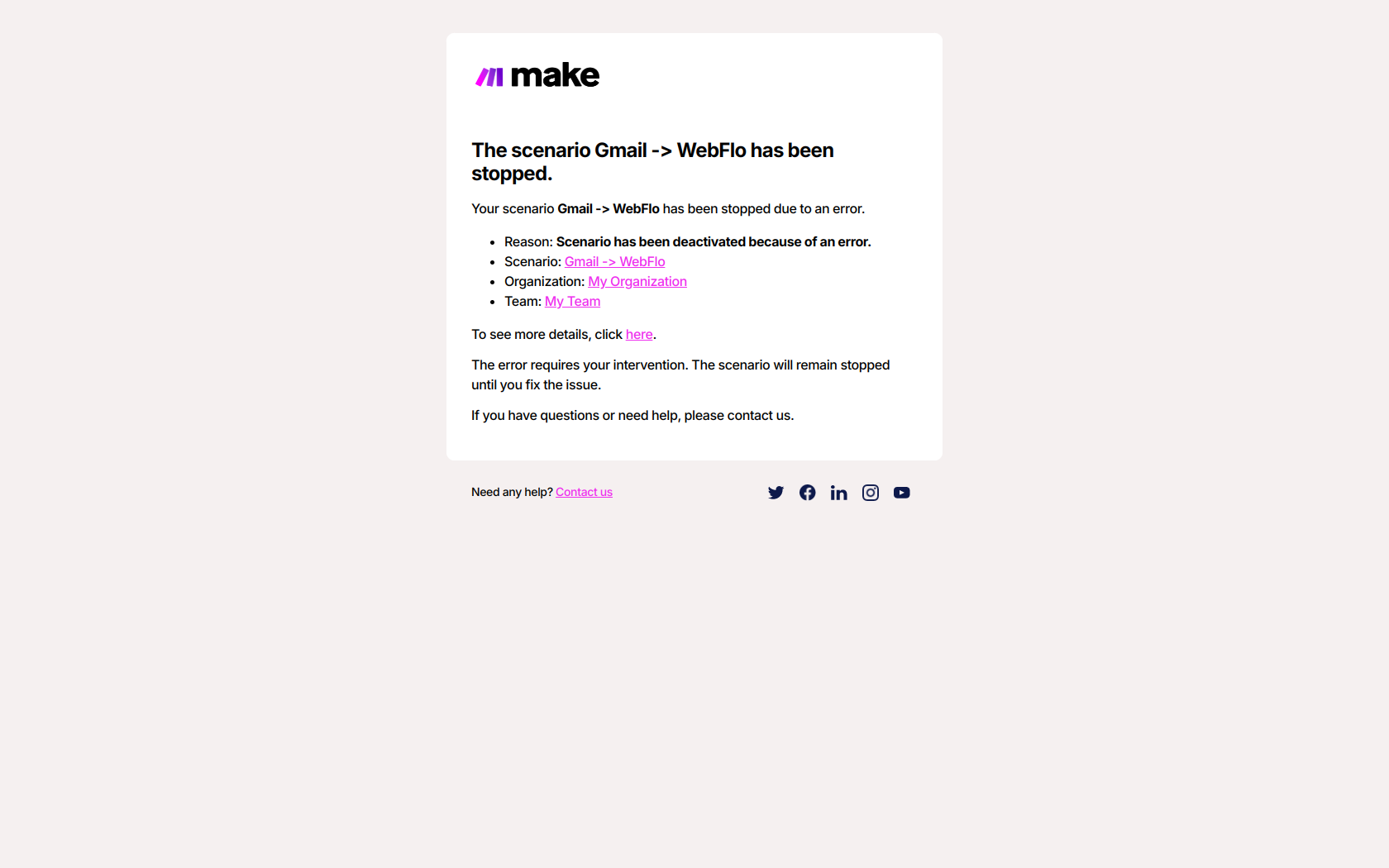 🛑 The scenario Gmail -> WebFlo has been stopped. — email screenshot from Make