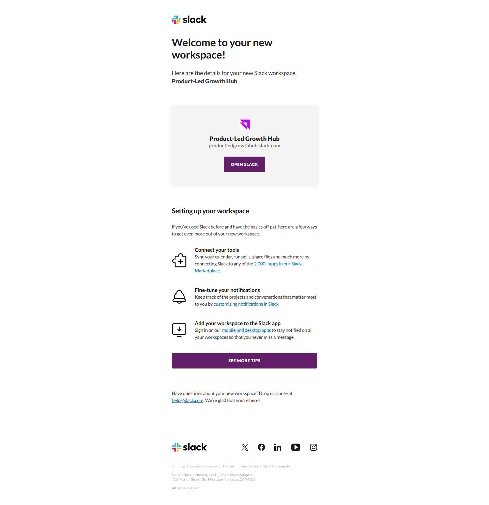 Product-Led Growth Hub on Slack: new account details — email screenshot from Slack