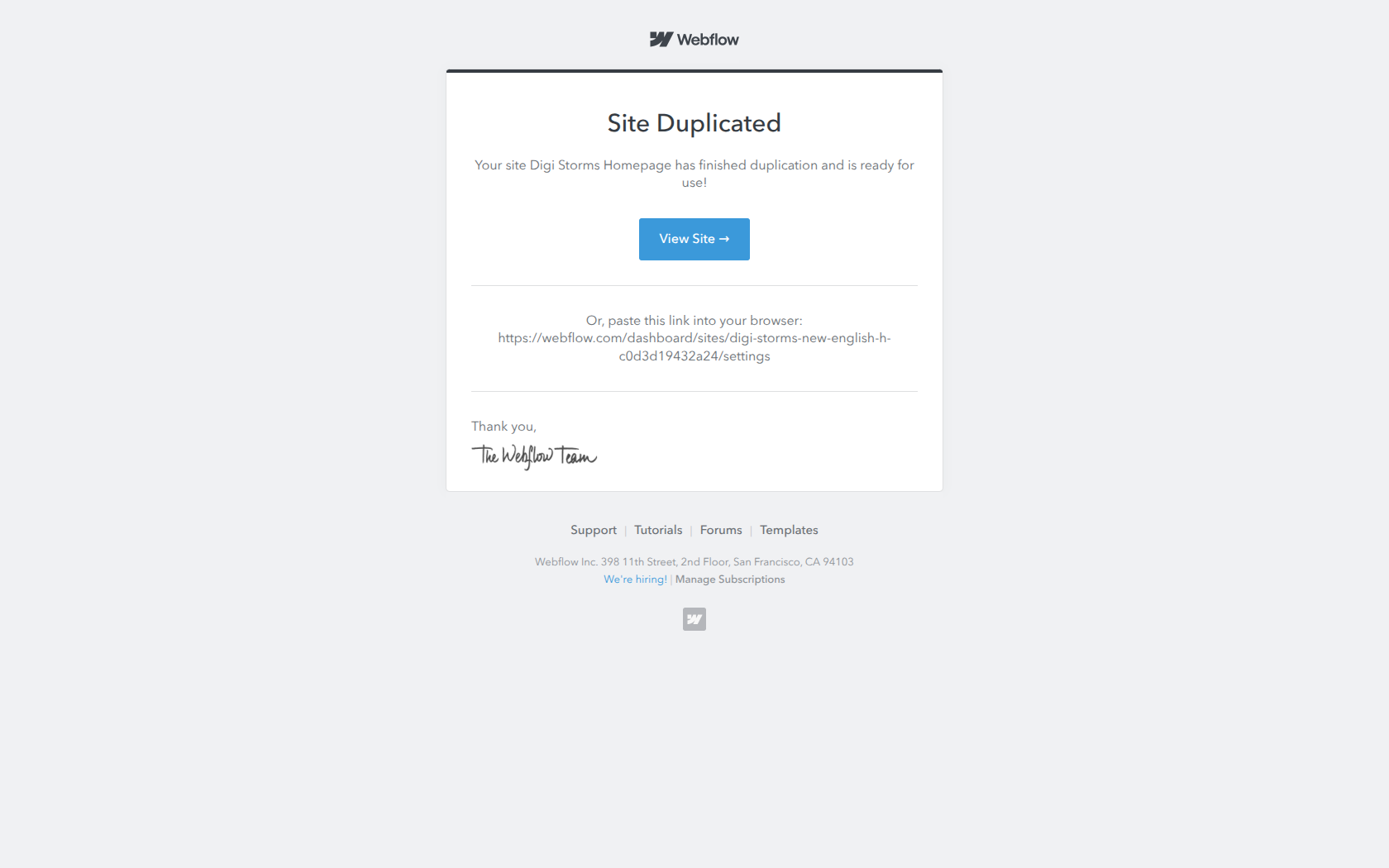 Digi Storms Homepage has been duplicated — email screenshot from Webflow