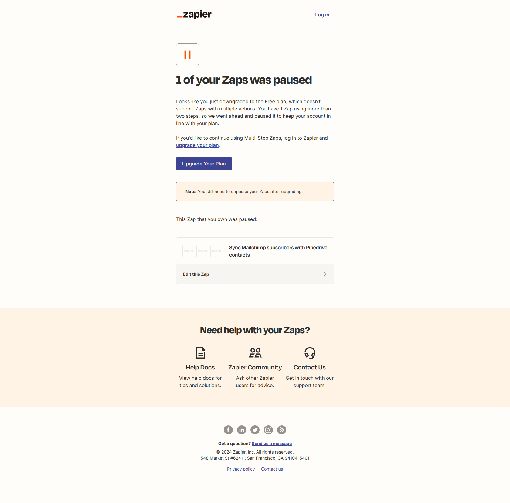 1 of your Zaps was paused — email screenshot from Zapier