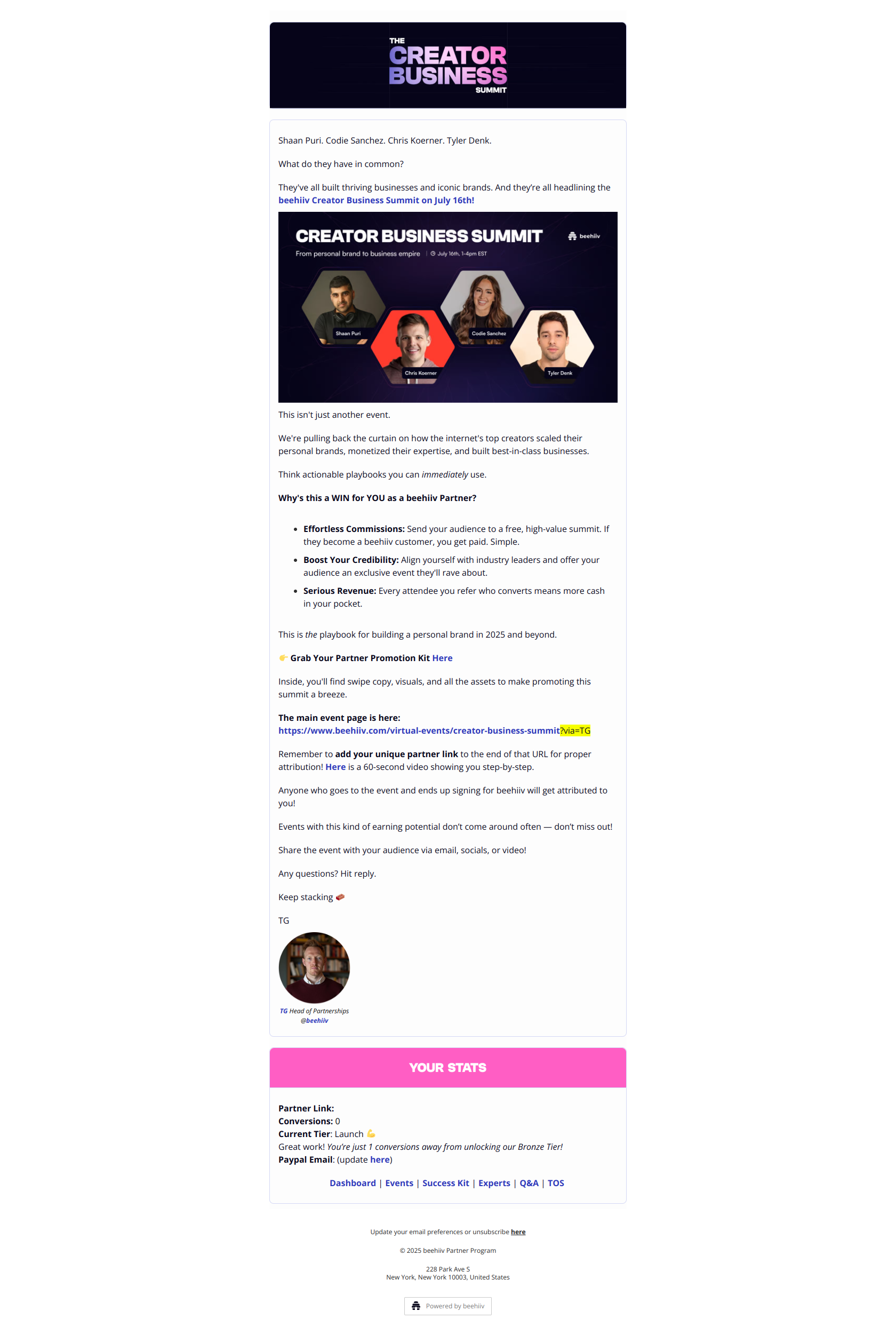 beehiiv Partner 🐝 | Creator Business Summit — email screenshot from Beehiiv