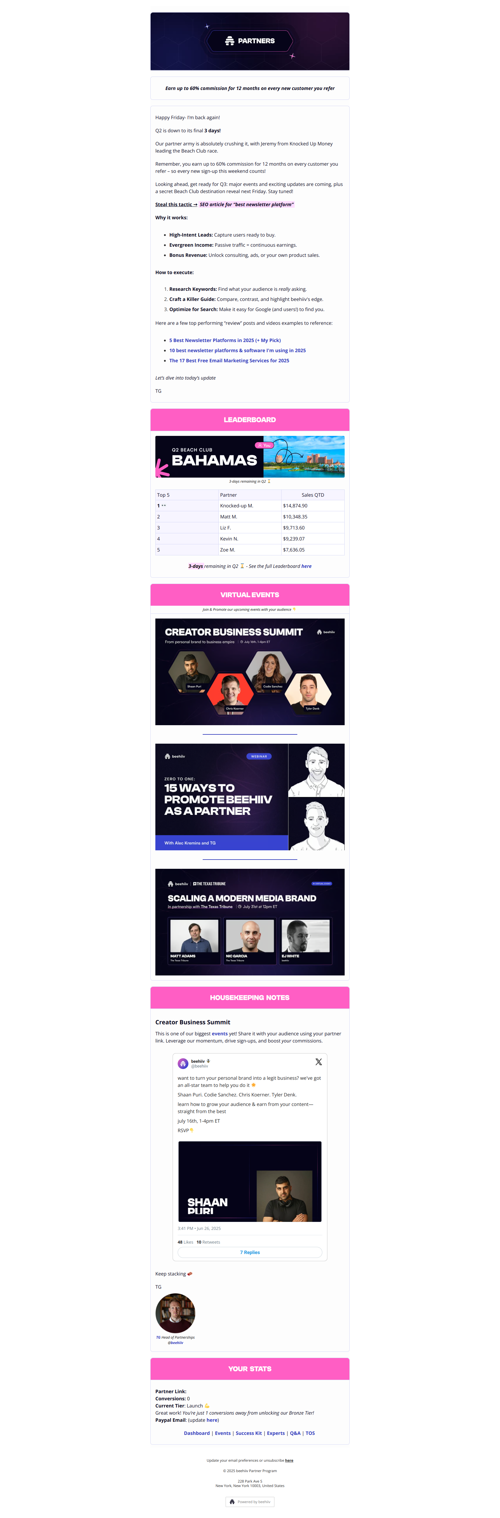 beehiiv Partner 🐝 | Q2 Finale — email screenshot from Beehiiv