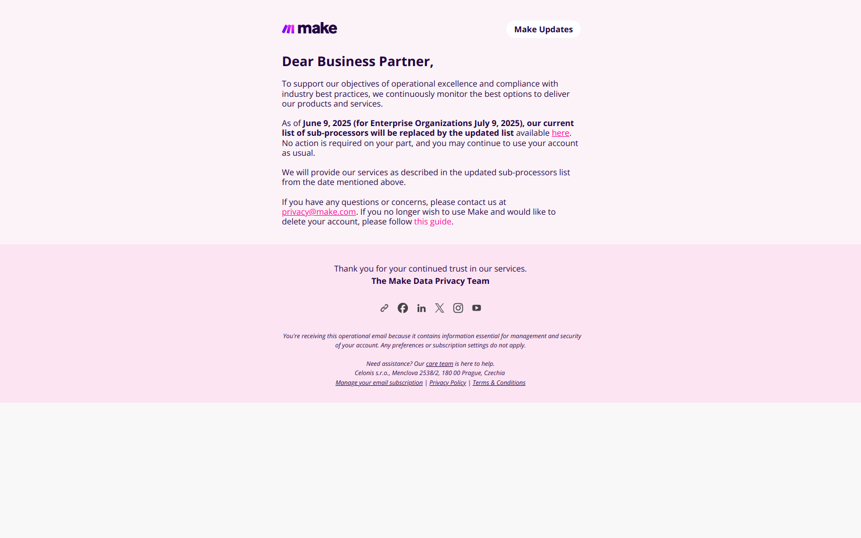 Update on our sub-processors list — email screenshot from Make