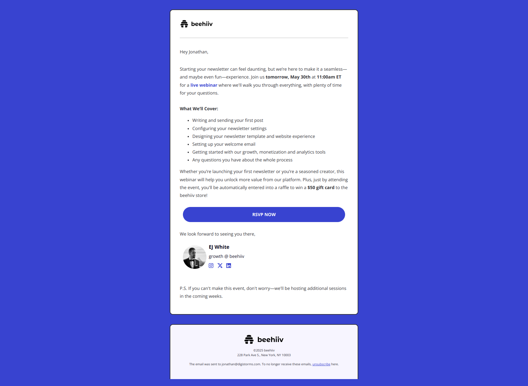 Tomorrow: Get expert help with your newsletter — email screenshot from Beehiiv