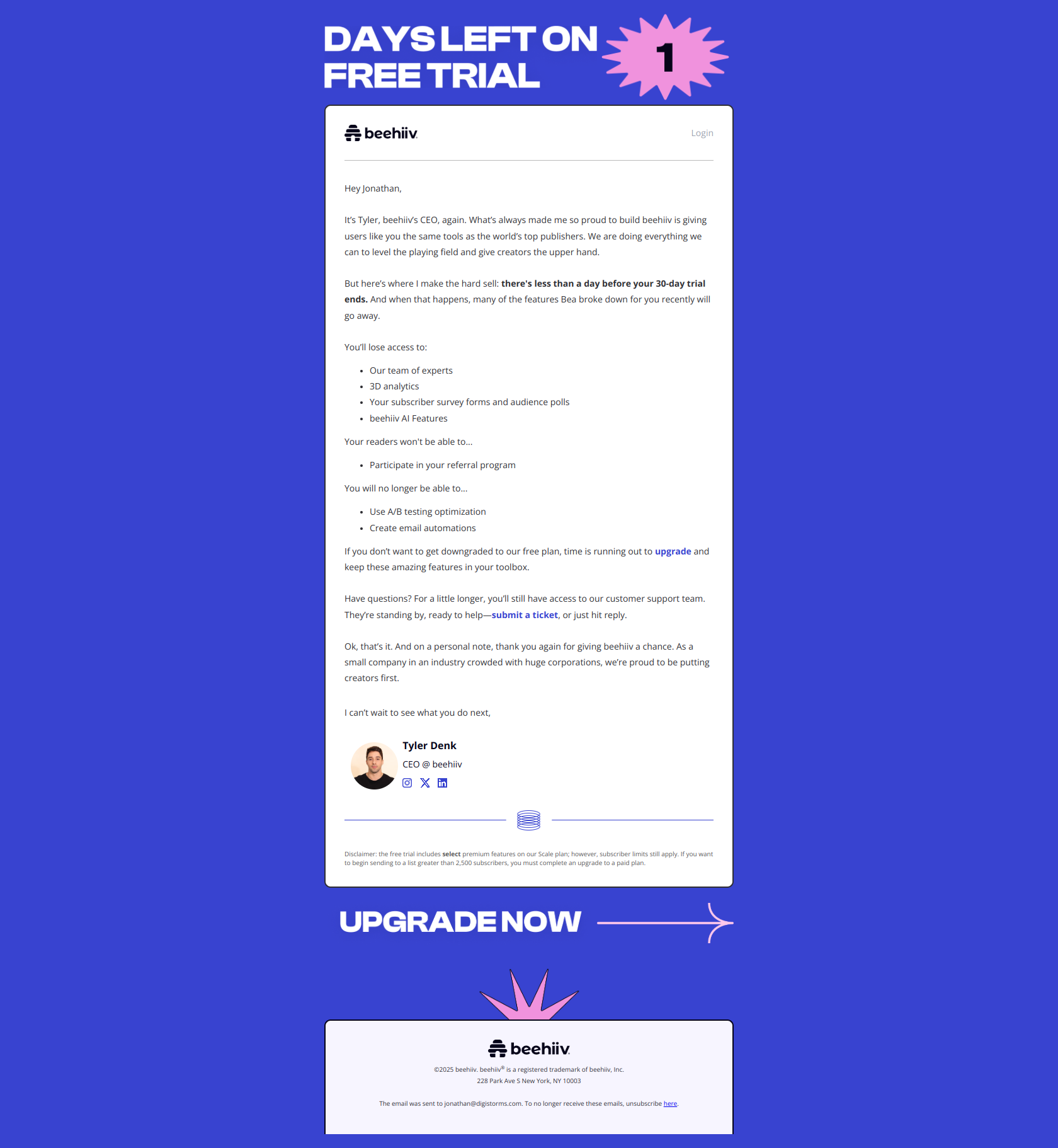 Your trial is almost up — email screenshot from Beehiiv