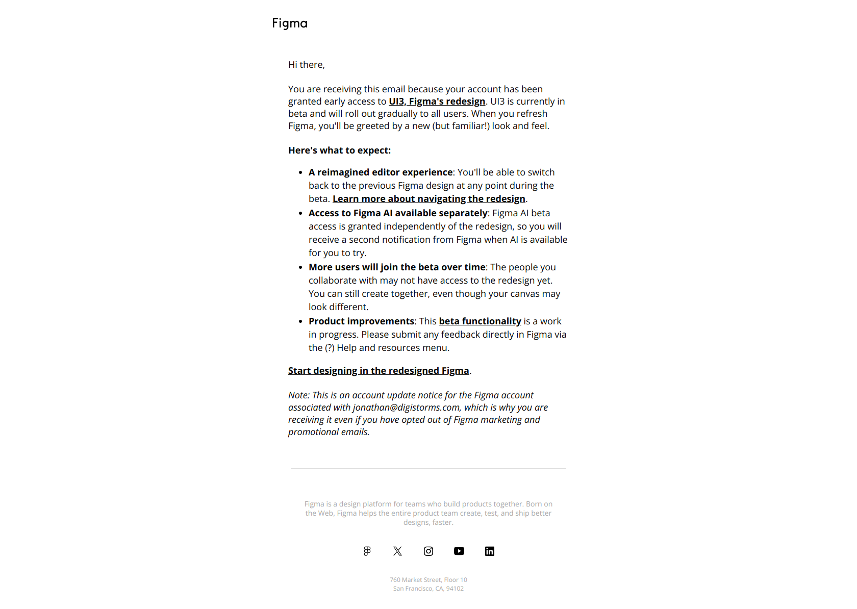 Early access to UI3 has been enabled for your account — email screenshot from Figma