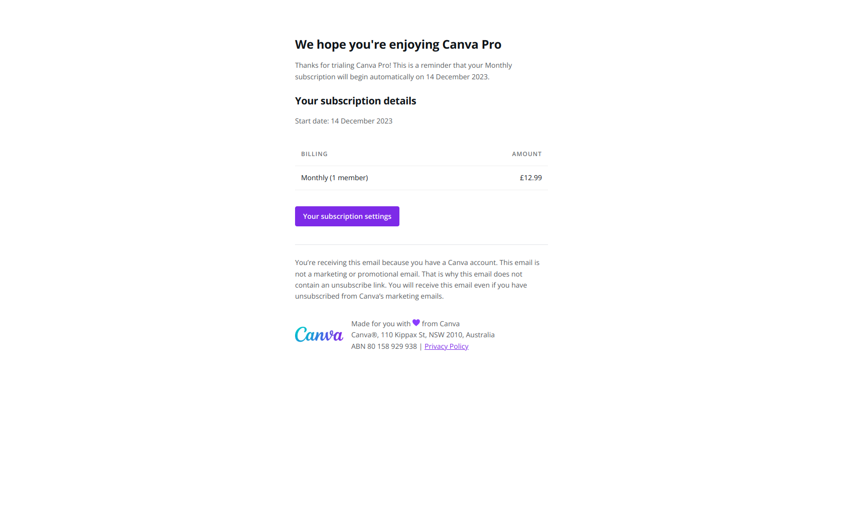 Reminder: Your Canva Pro subscription is about to begin — email screenshot from Canva