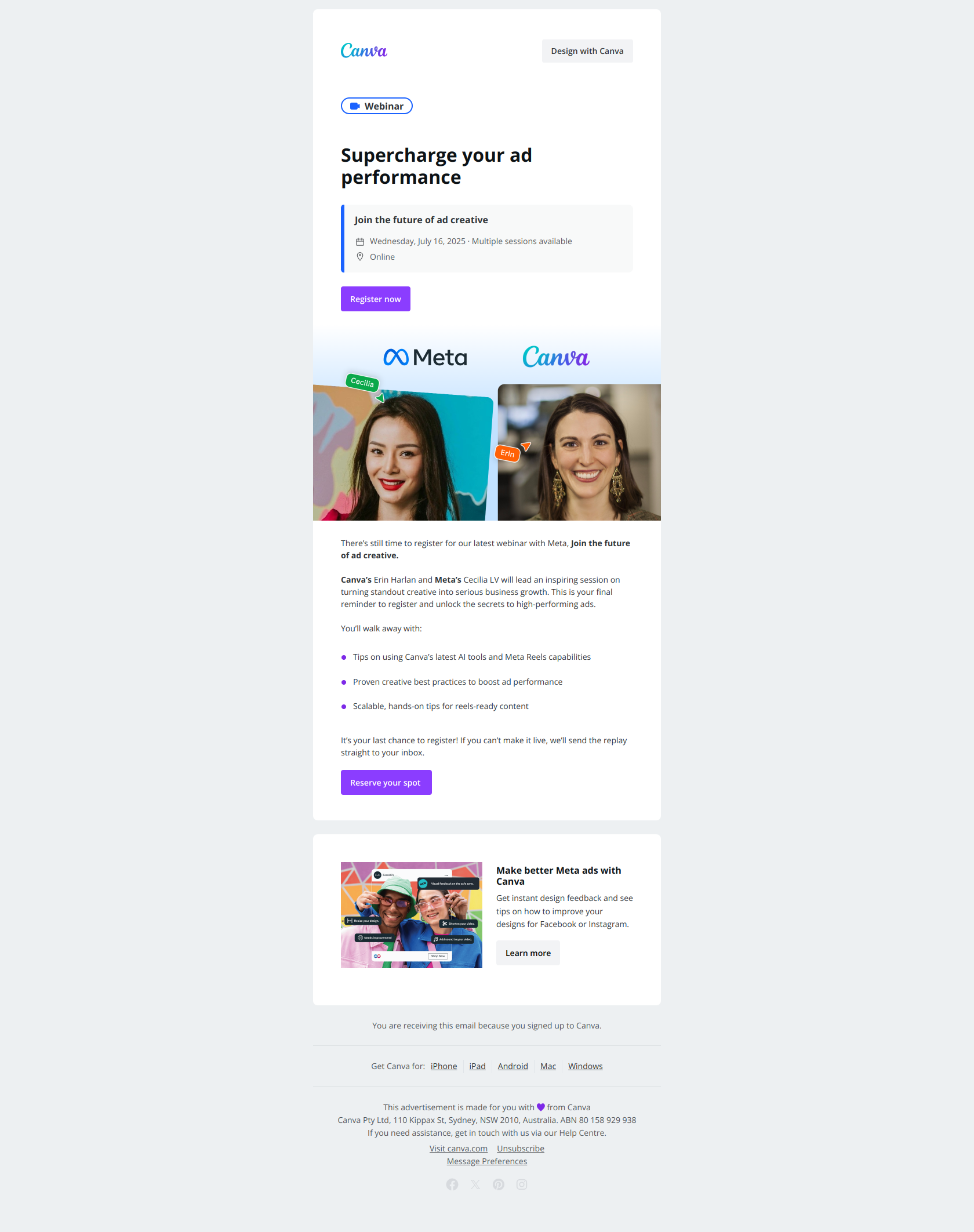 Don’t miss our webinar with Meta — email screenshot from Canva