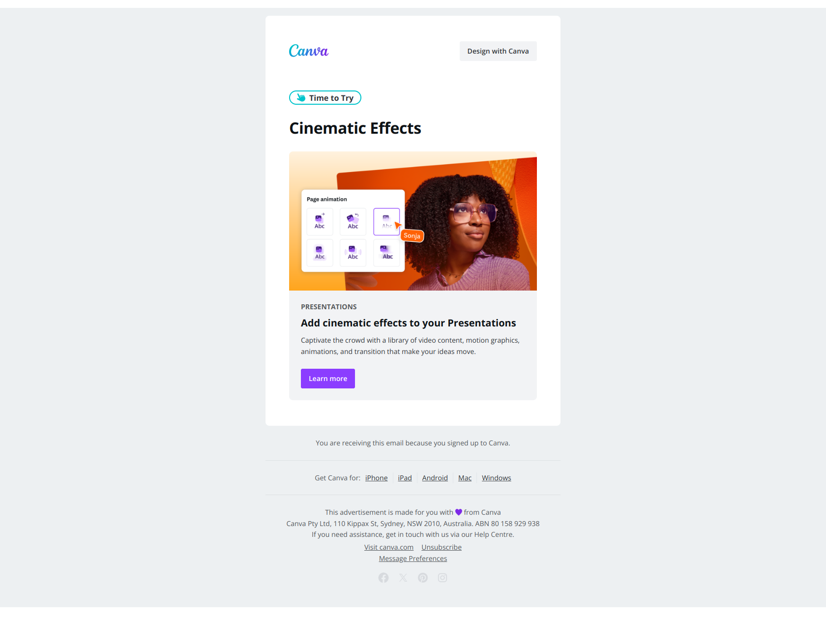 Add cinematic effects to your Presentations — email screenshot from Canva