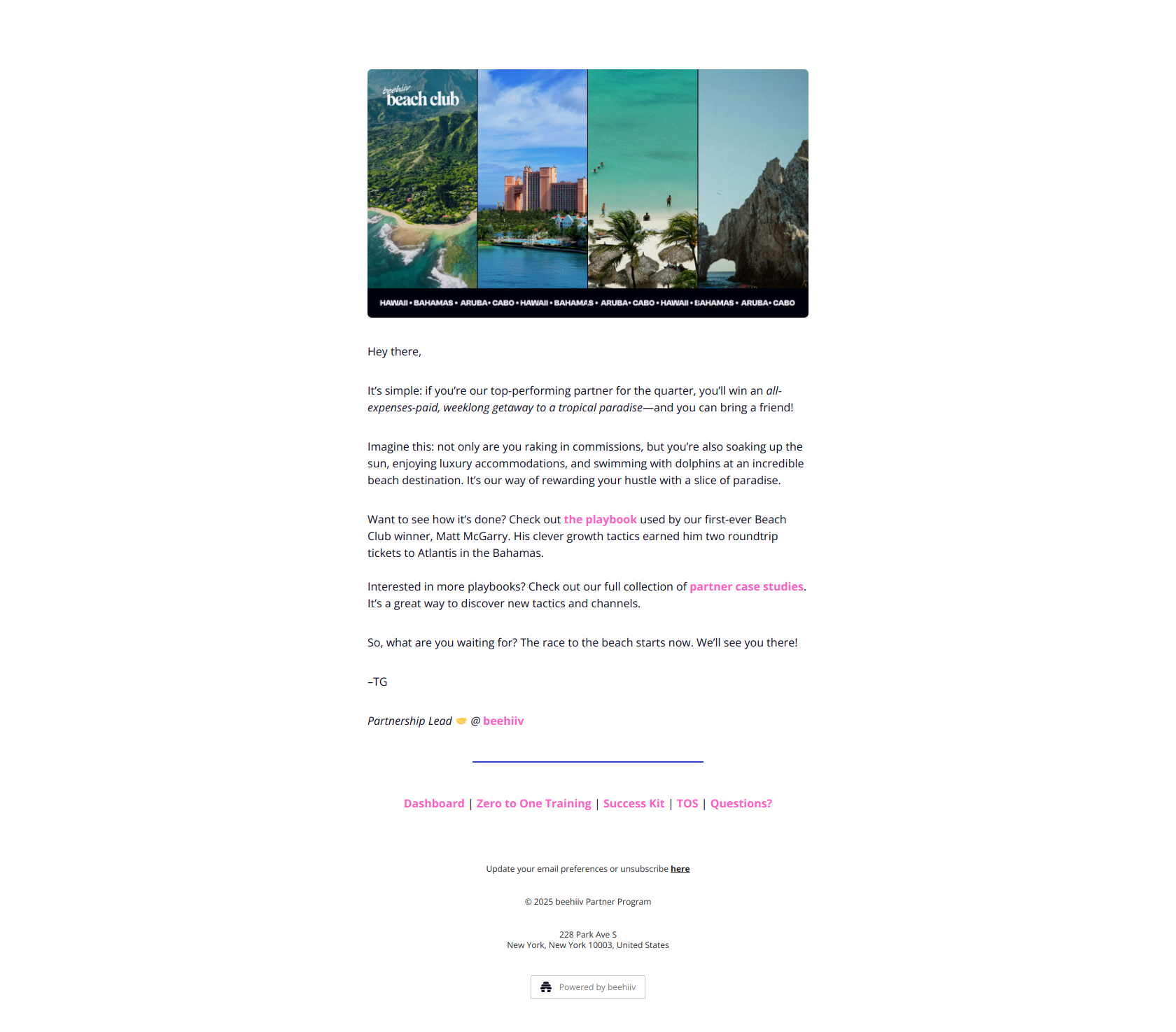 beehiiv Partners 💰  | Welcome to the Beach Club! 🌴 — email screenshot from Beehiiv