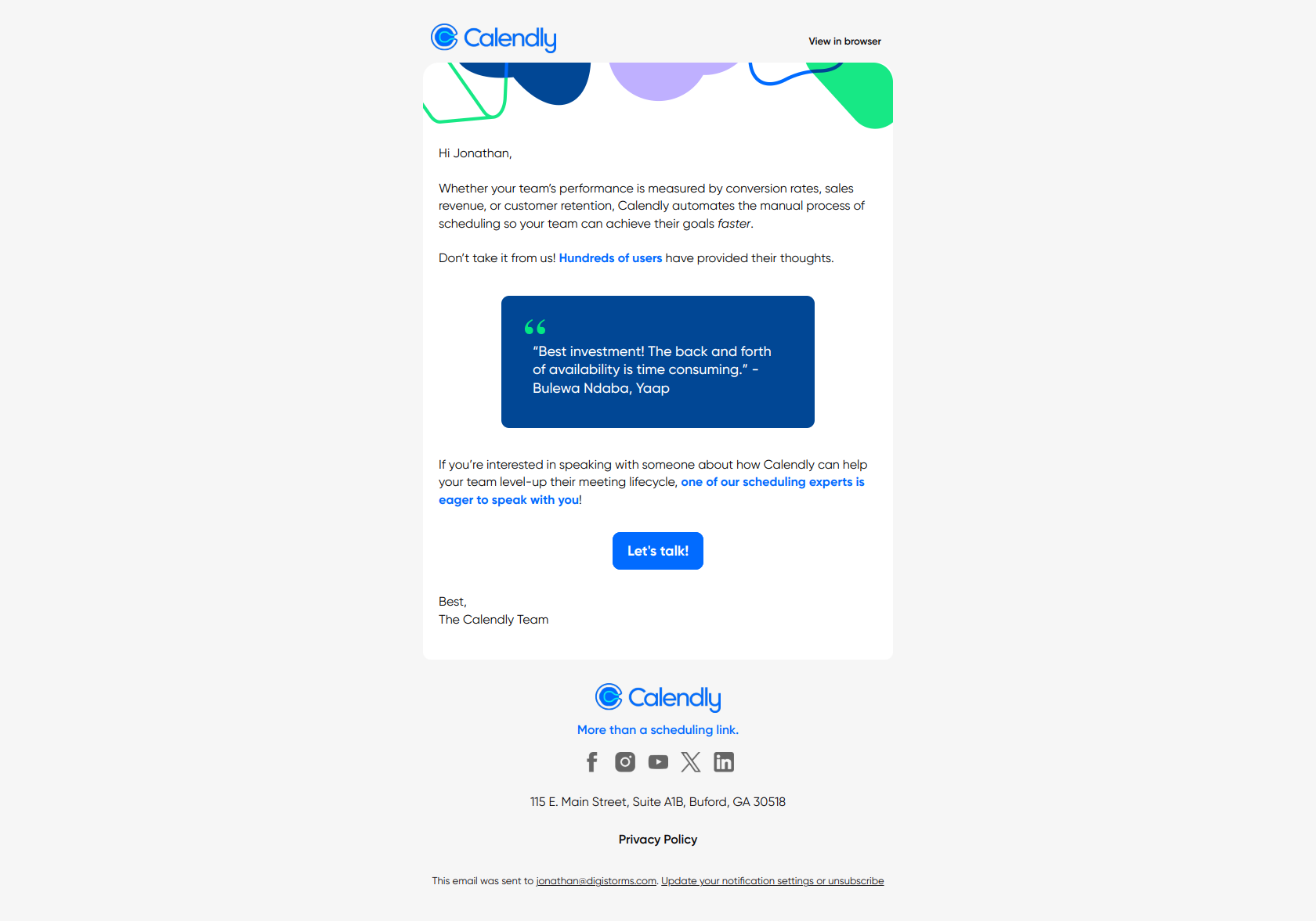 B2B lead nurturing email example from Calendly case study