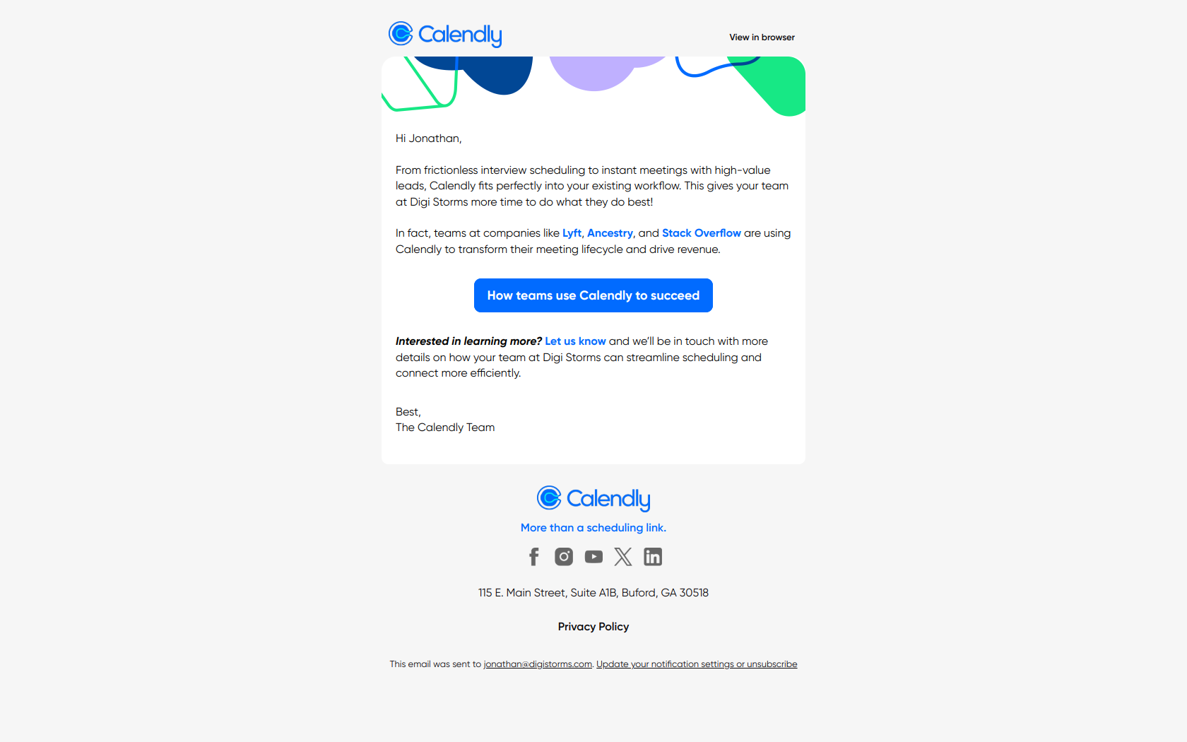 Do your team a favor, automate your scheduling… — email screenshot from Calendly