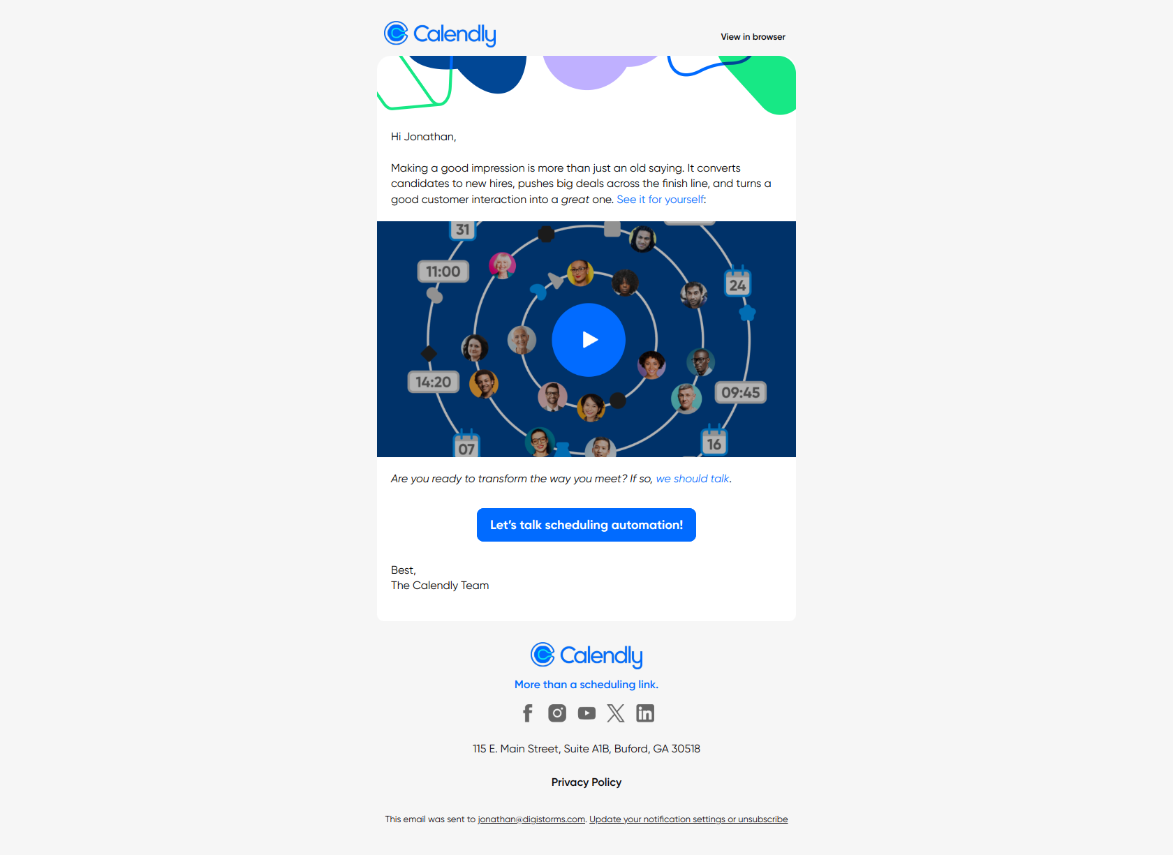 Ready to connect more efficiently, Jonathan? — email screenshot from Calendly