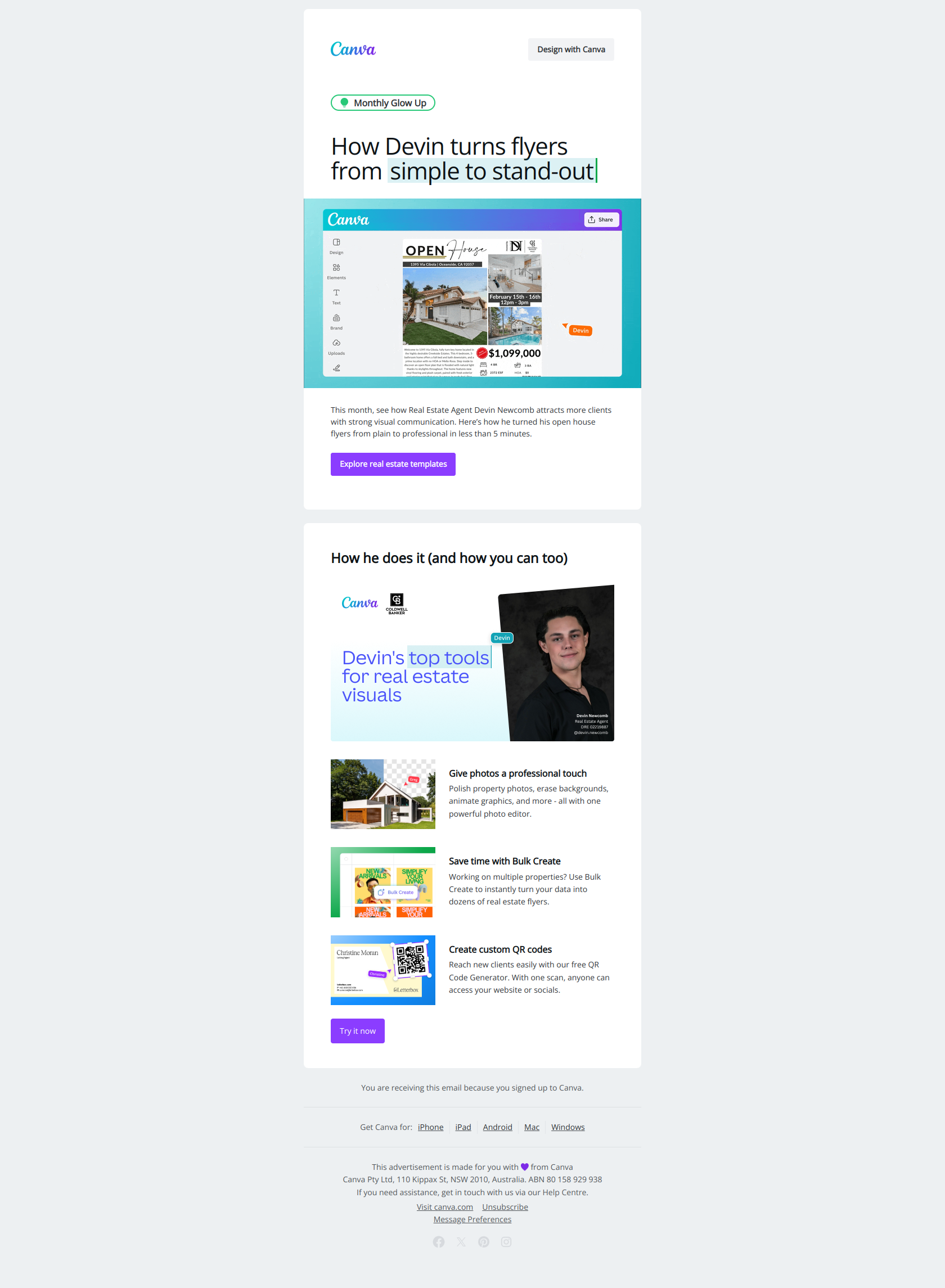 Monthly Glow Up: Elevate your brand in just 5 minutes — email screenshot from Canva