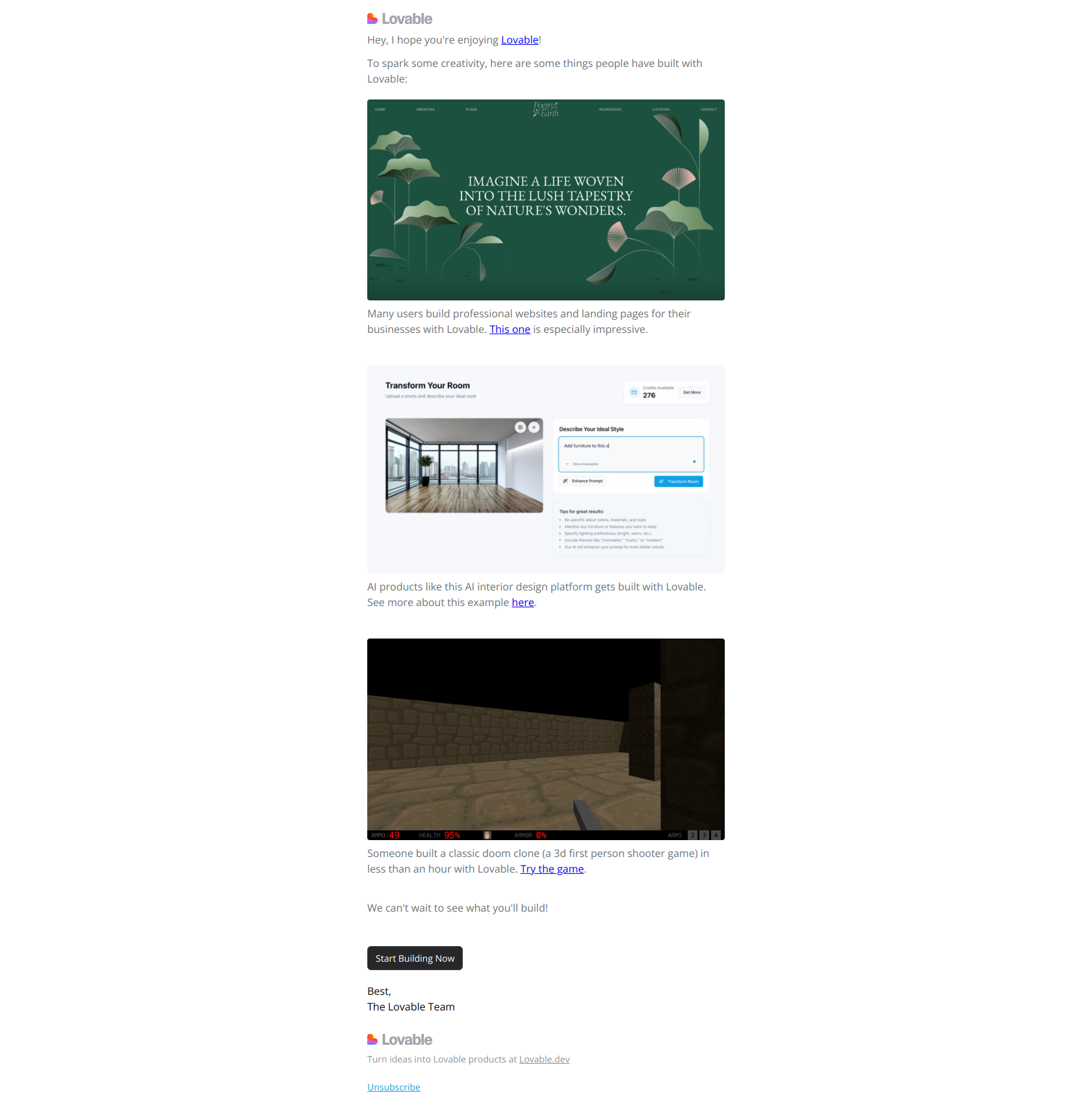 Some inspiration of what people are building with Lovable — email screenshot from Lovable