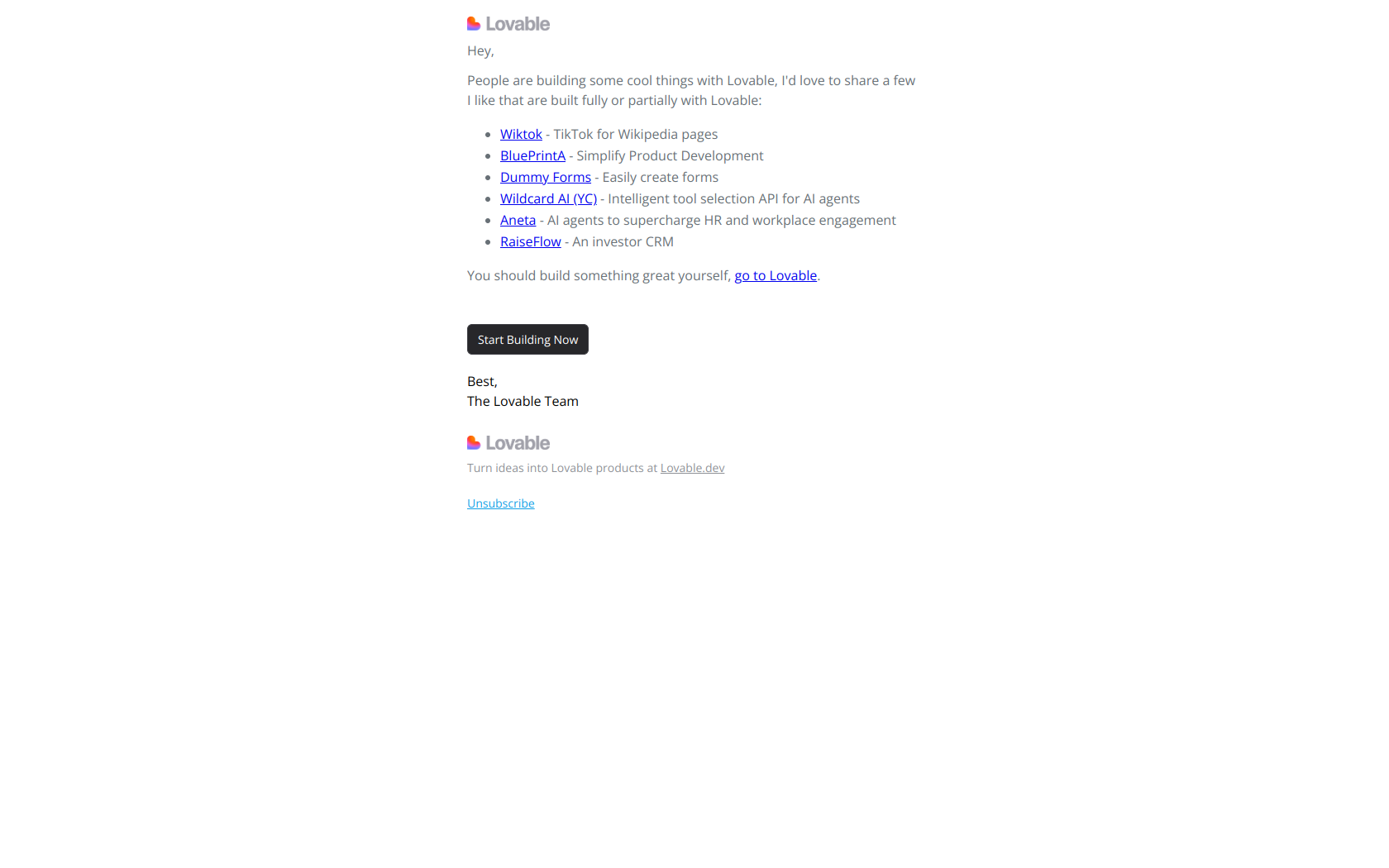 Inspiration time - what are people building with Lovable? — email screenshot from Lovable