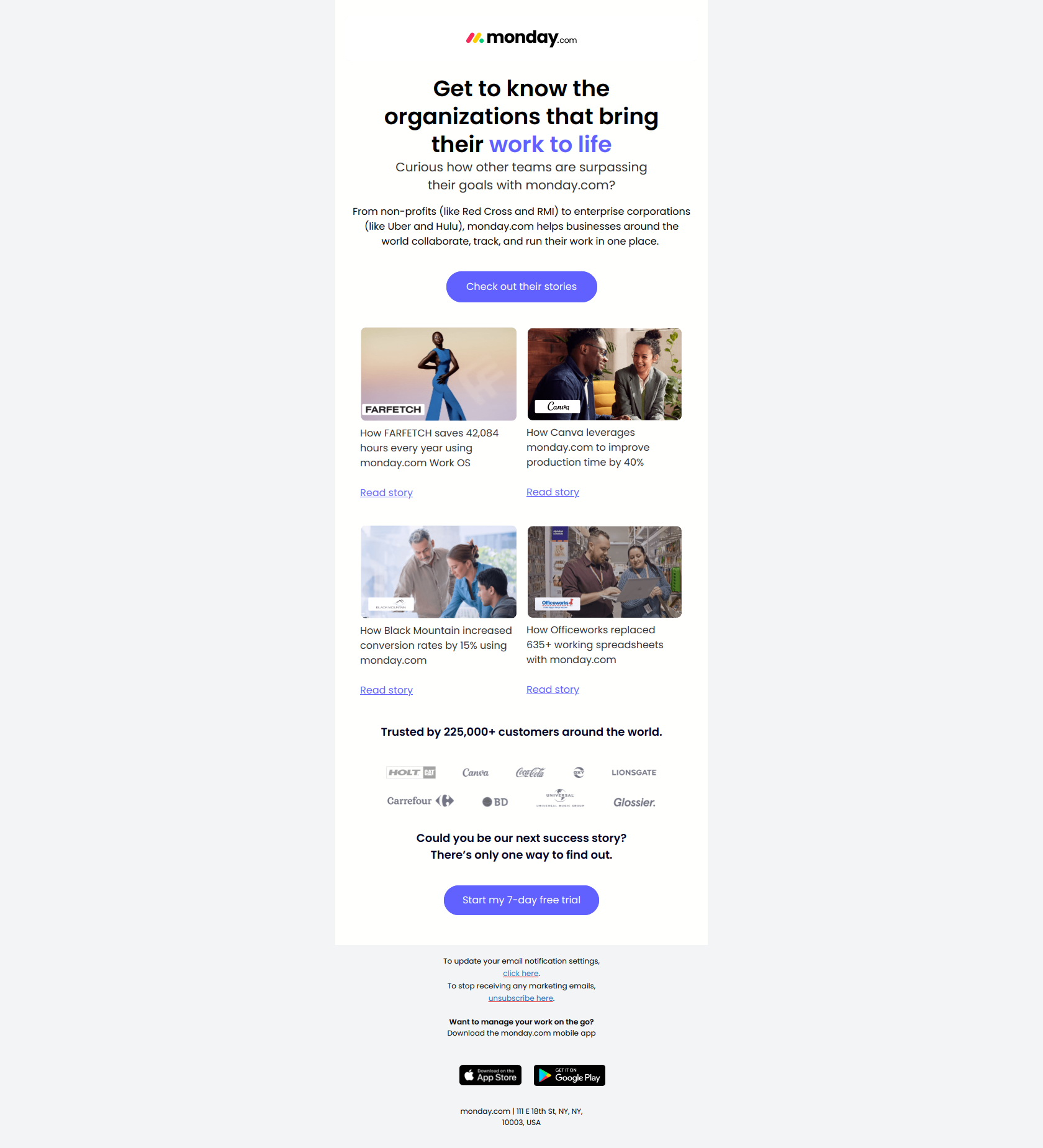 Hear from our customers why they love their Work OS — email screenshot from Monday