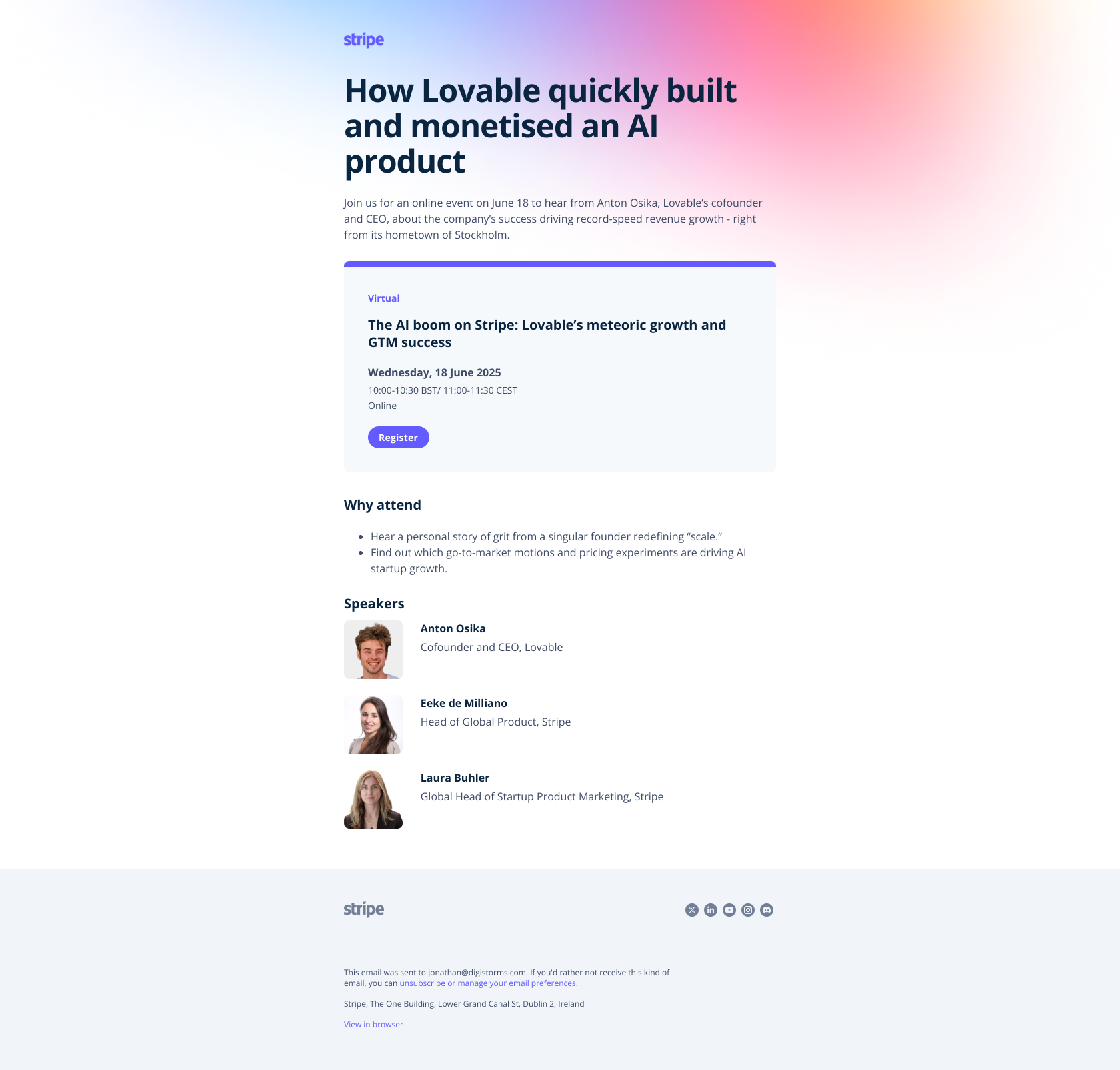 [You’re invited] Lovable’s AI growth story — email screenshot from Stripe