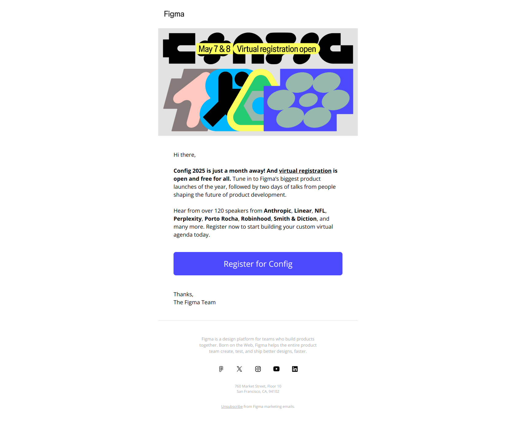 Your free Config virtual ticket 🎟️ — email screenshot from Figma
