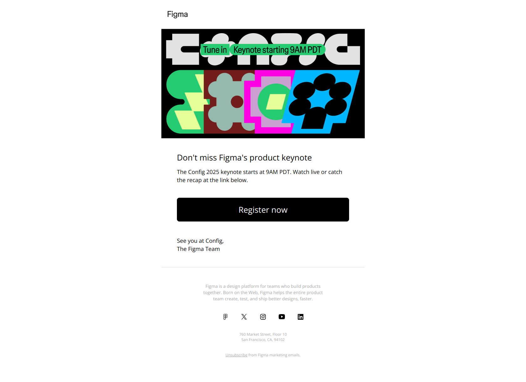 Config keynote starts soon — email screenshot from Figma