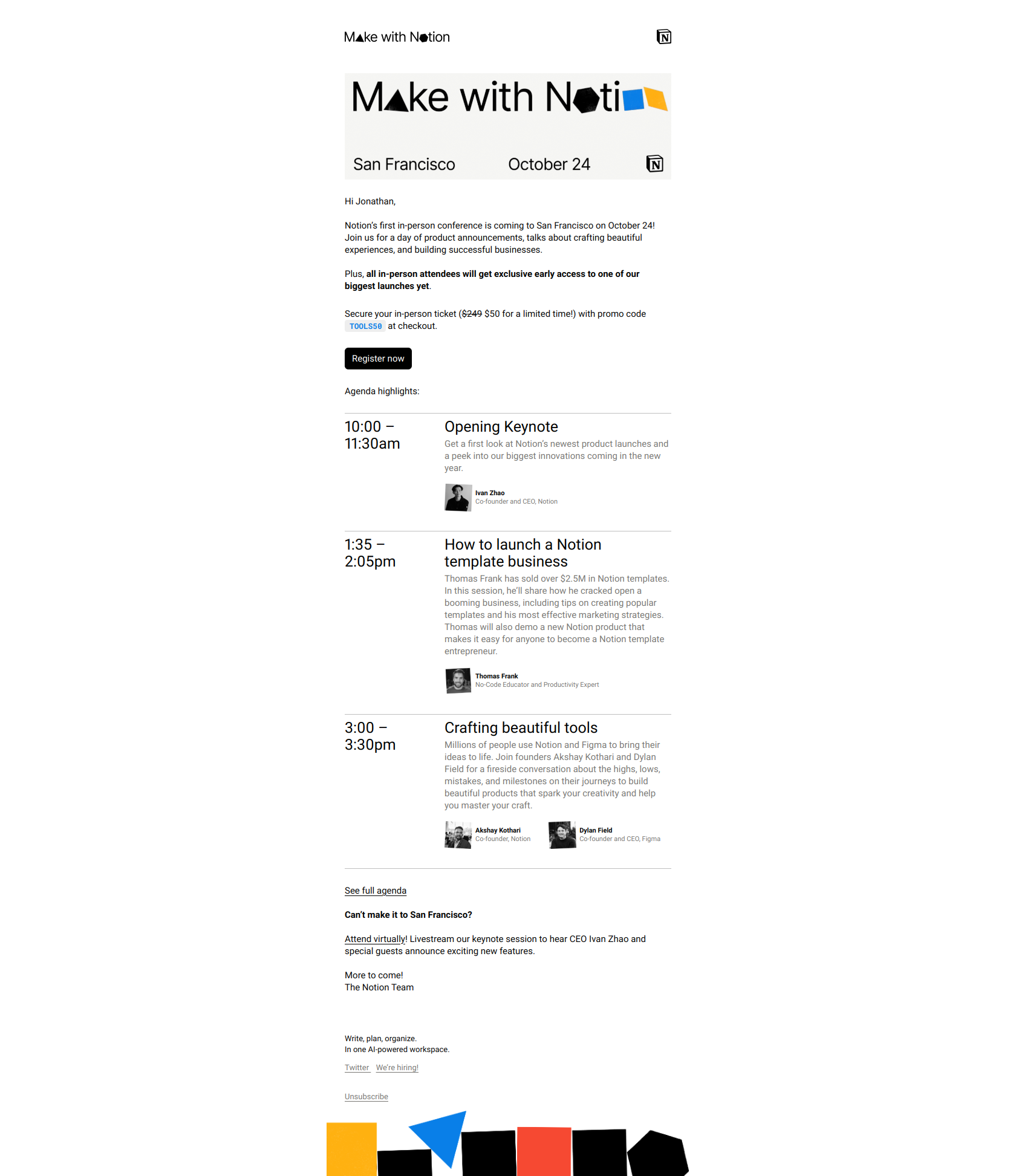 Your special invitation to Make with Notion 2024 — email screenshot from Notion