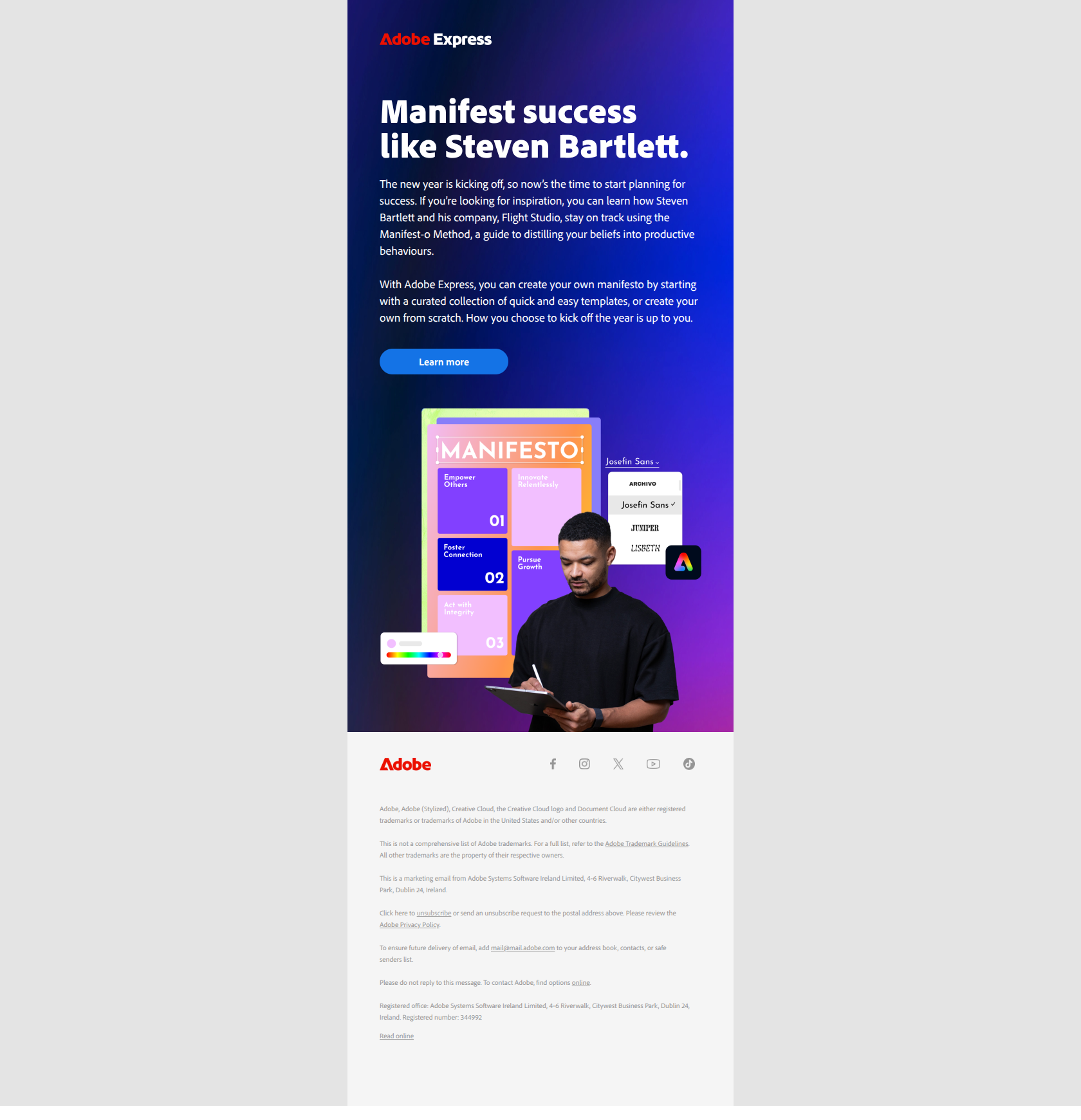 Manifest success like Steven Bartlett — email screenshot from Adobe