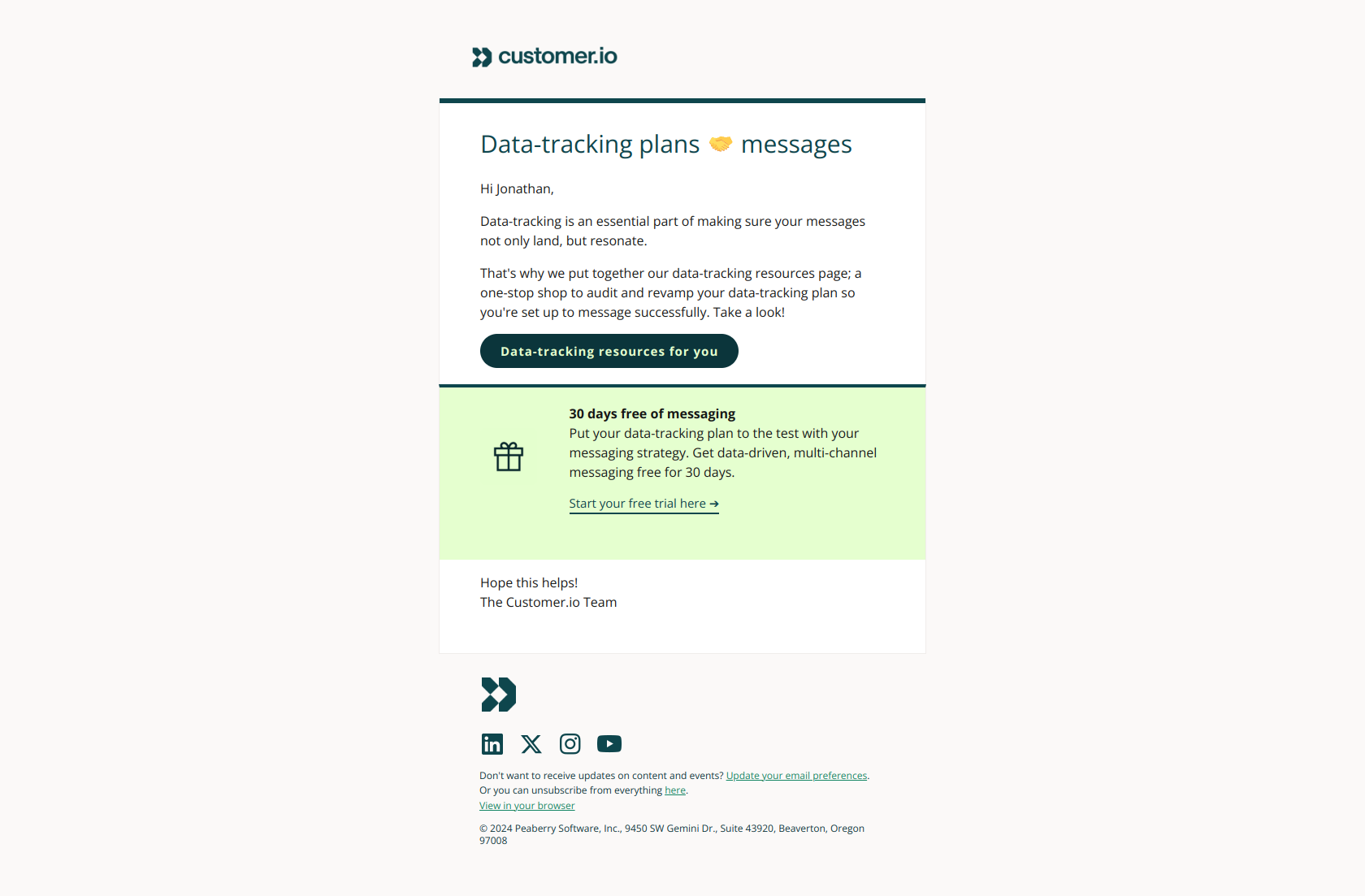 Creating impact via your data-tracking plan — email screenshot from Customer.io