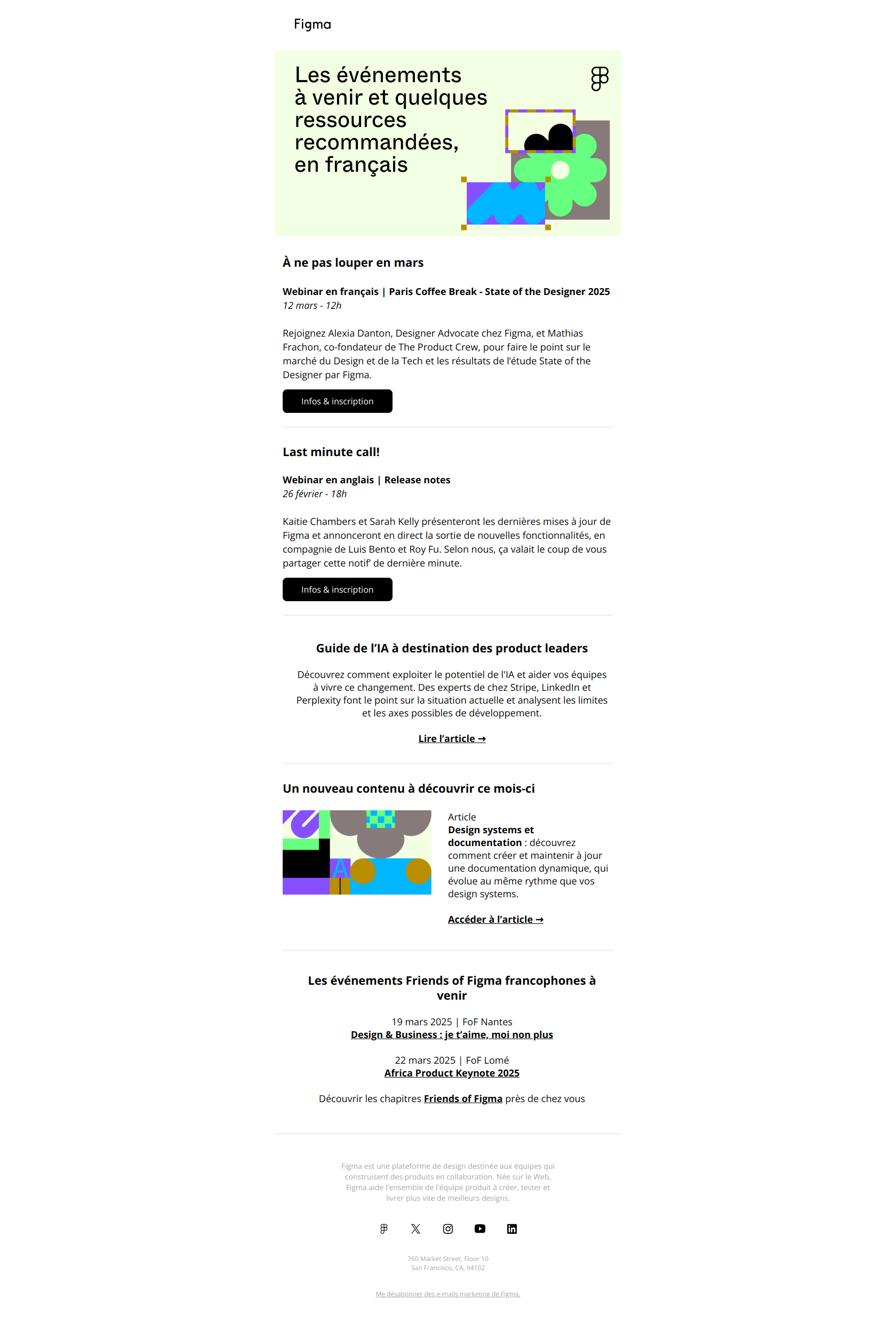 Ne manquez rien en mars : Événements & Ressources Figma à découvrir — email screenshot from Figma