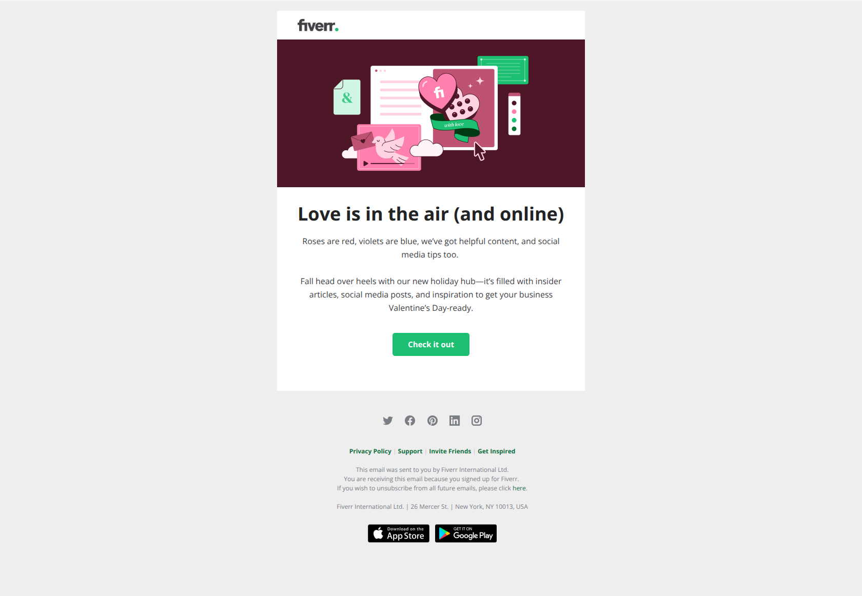 Tap into Valentine’s Day marketing magic — email screenshot from Fiverr
