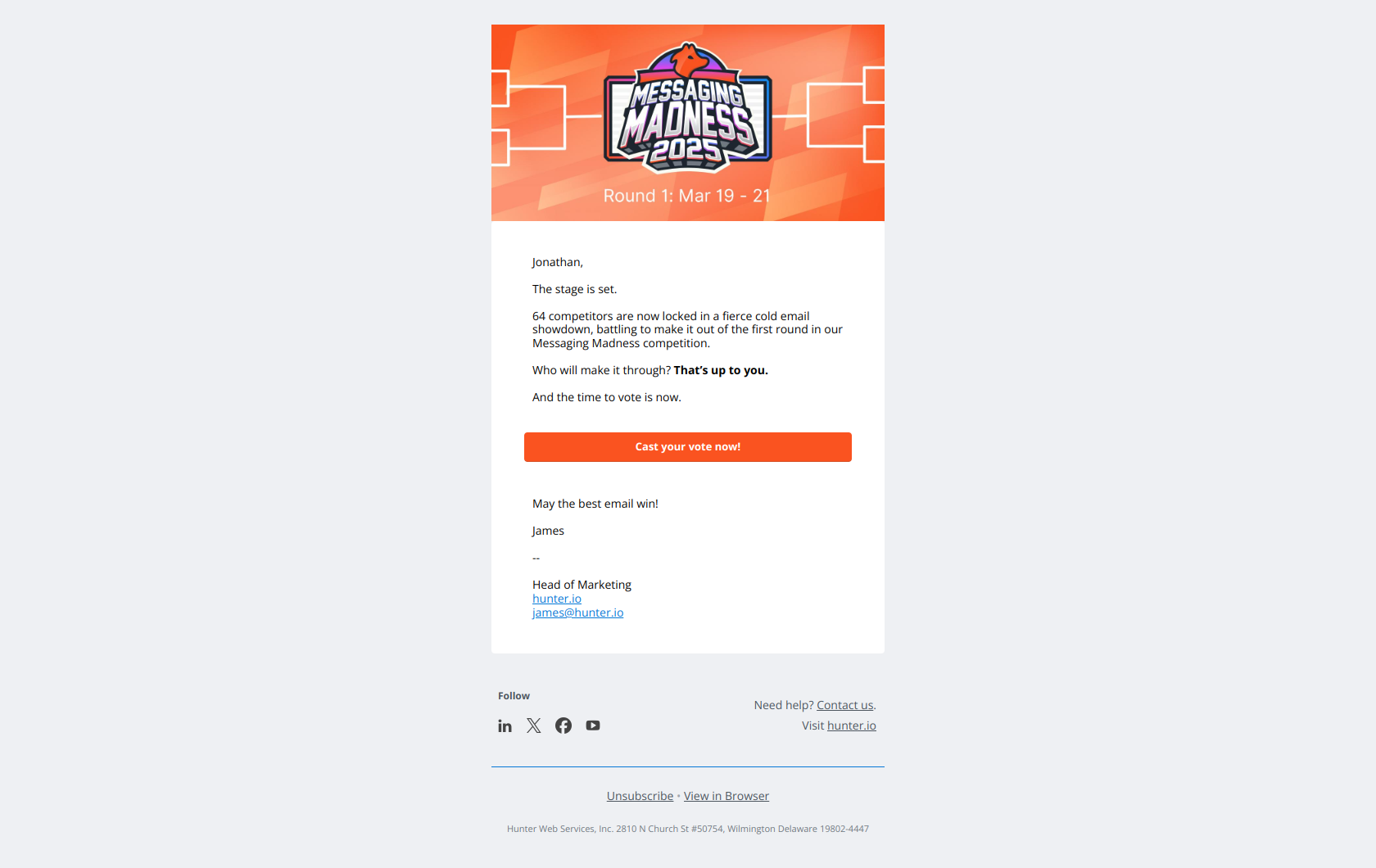Time to vote — email screenshot from Hunter.io