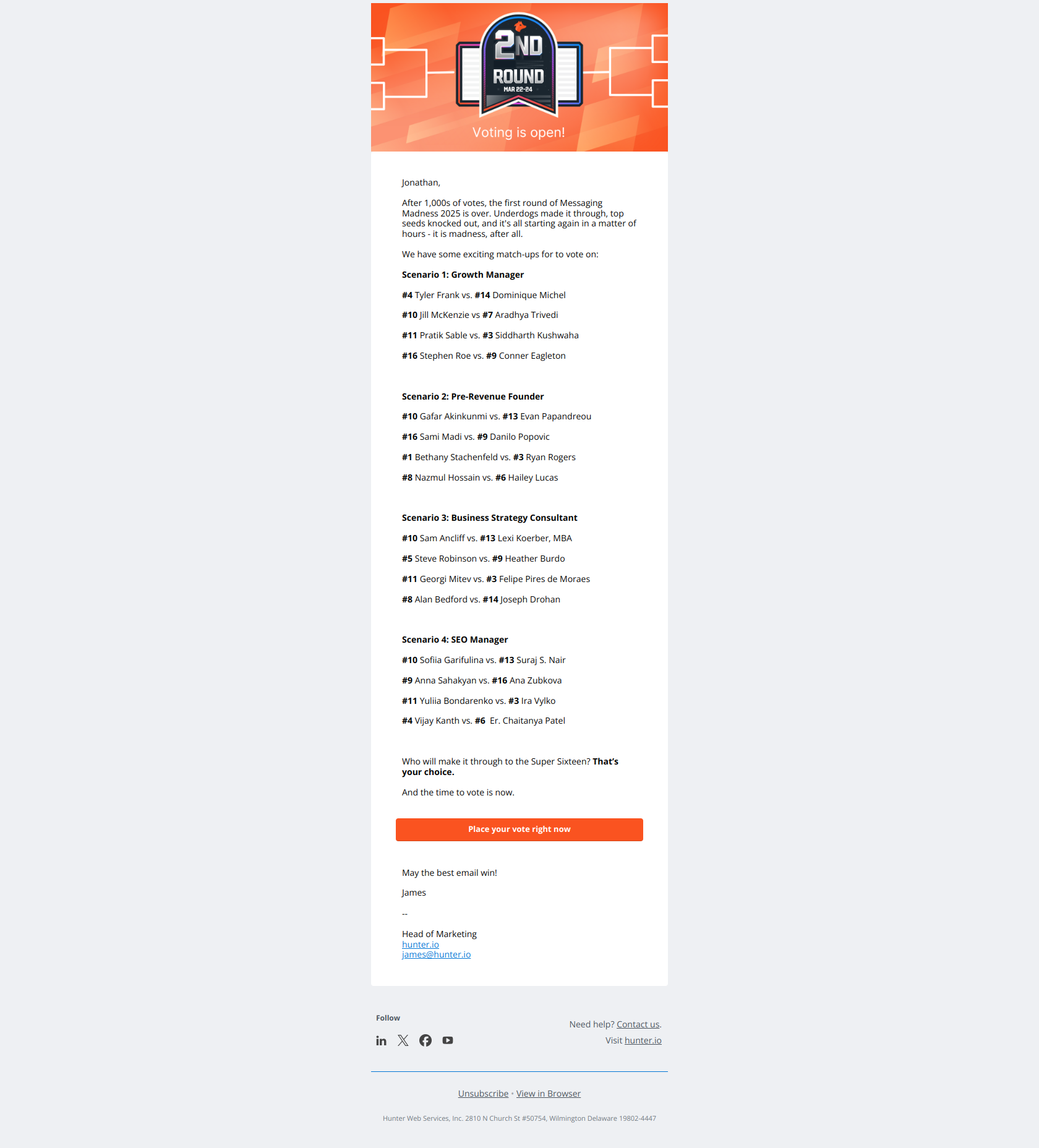 🚨 The buzzer has sounded, it's time to vote on the 2nd round of Messaging Madness — email screenshot from Hunter.io