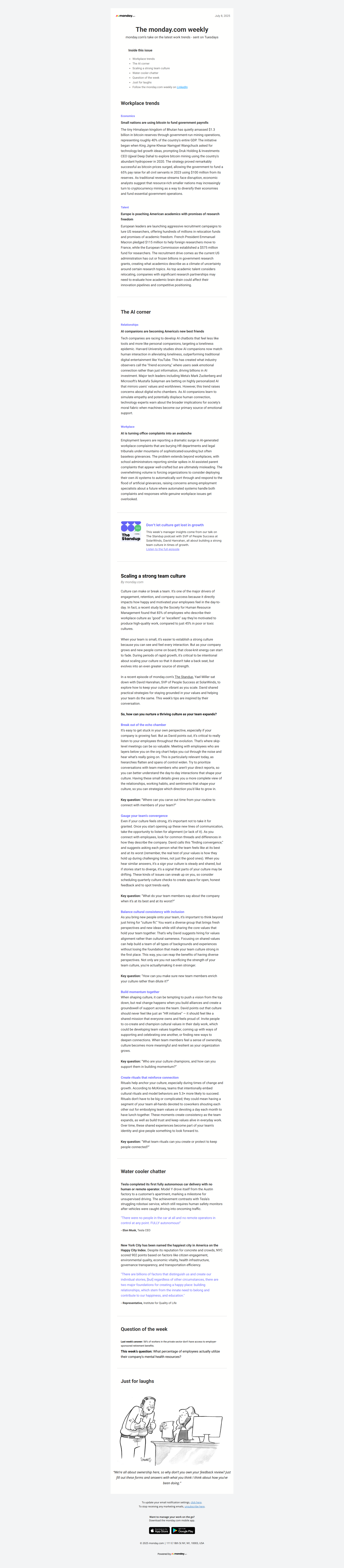 Building a strong team culture — email screenshot from Monday