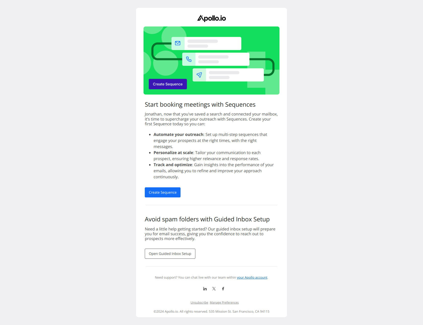 Automate pipeline creation with Sequences 🤖 — email screenshot from Apollo.io