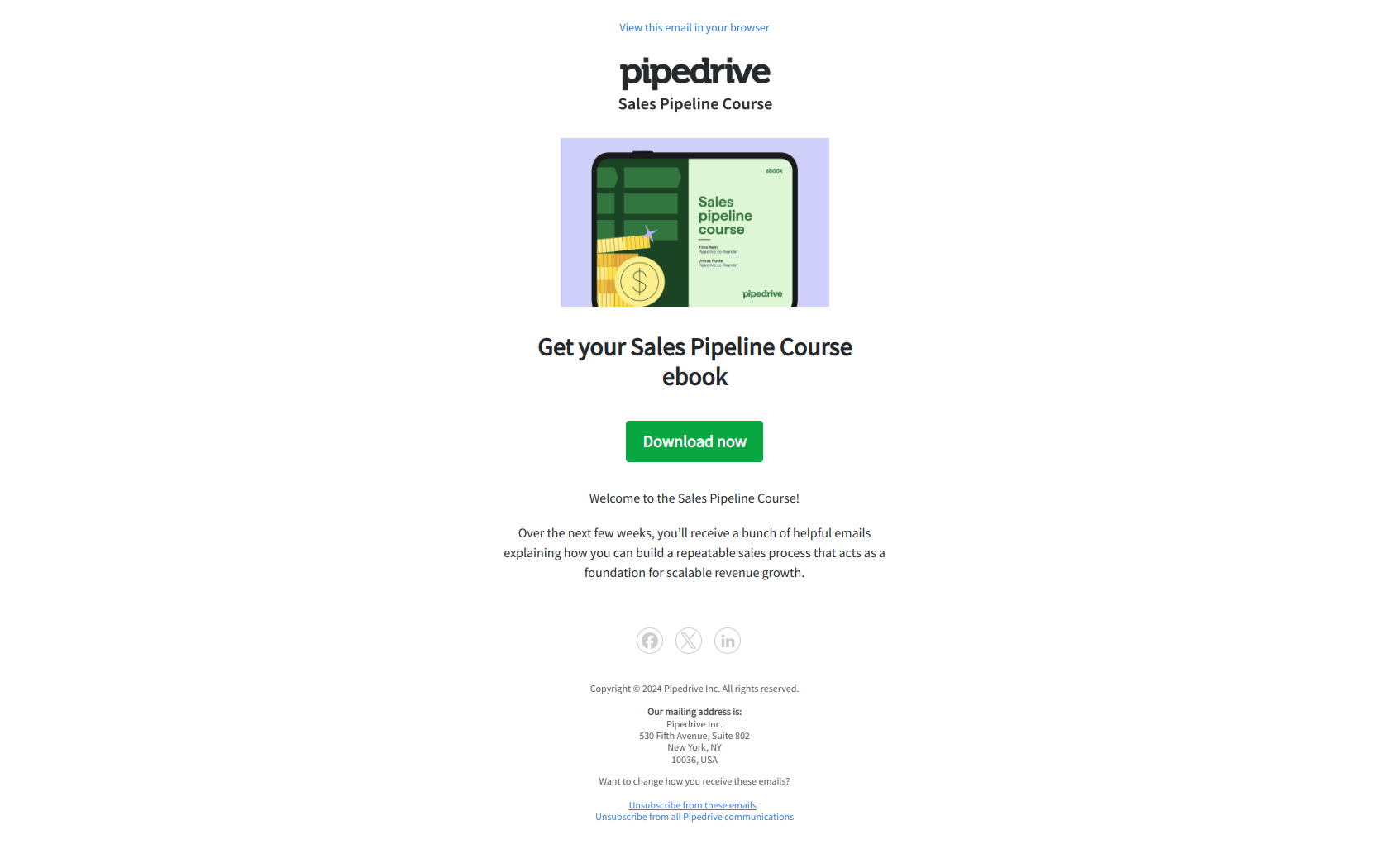 Get your Sales Pipeline Course ebook — email screenshot from Pipedrive