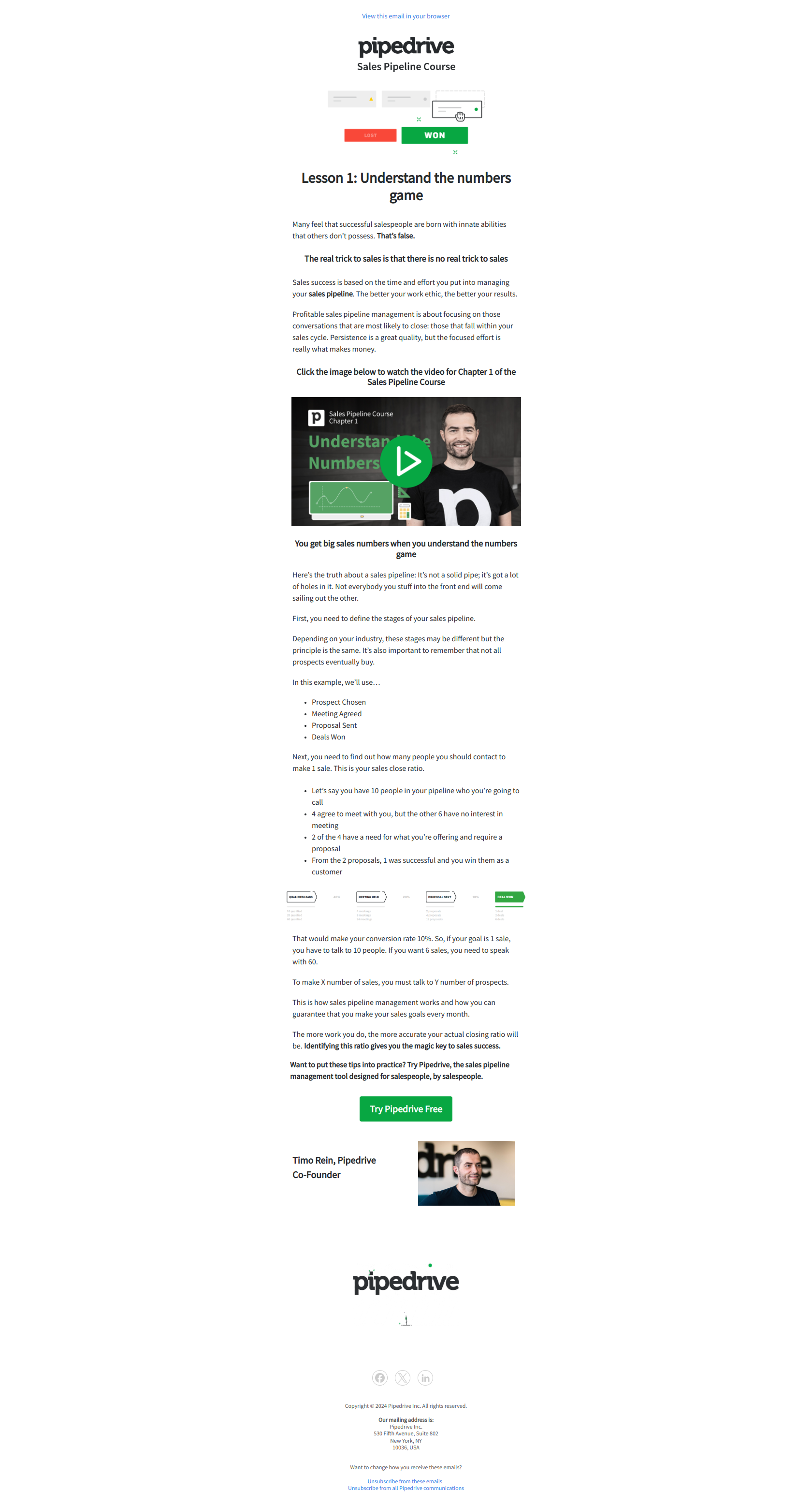 Welcome to Pipedrive’s Sales Pipeline Course! Lesson 1 is waiting for you... — email screenshot from Pipedrive