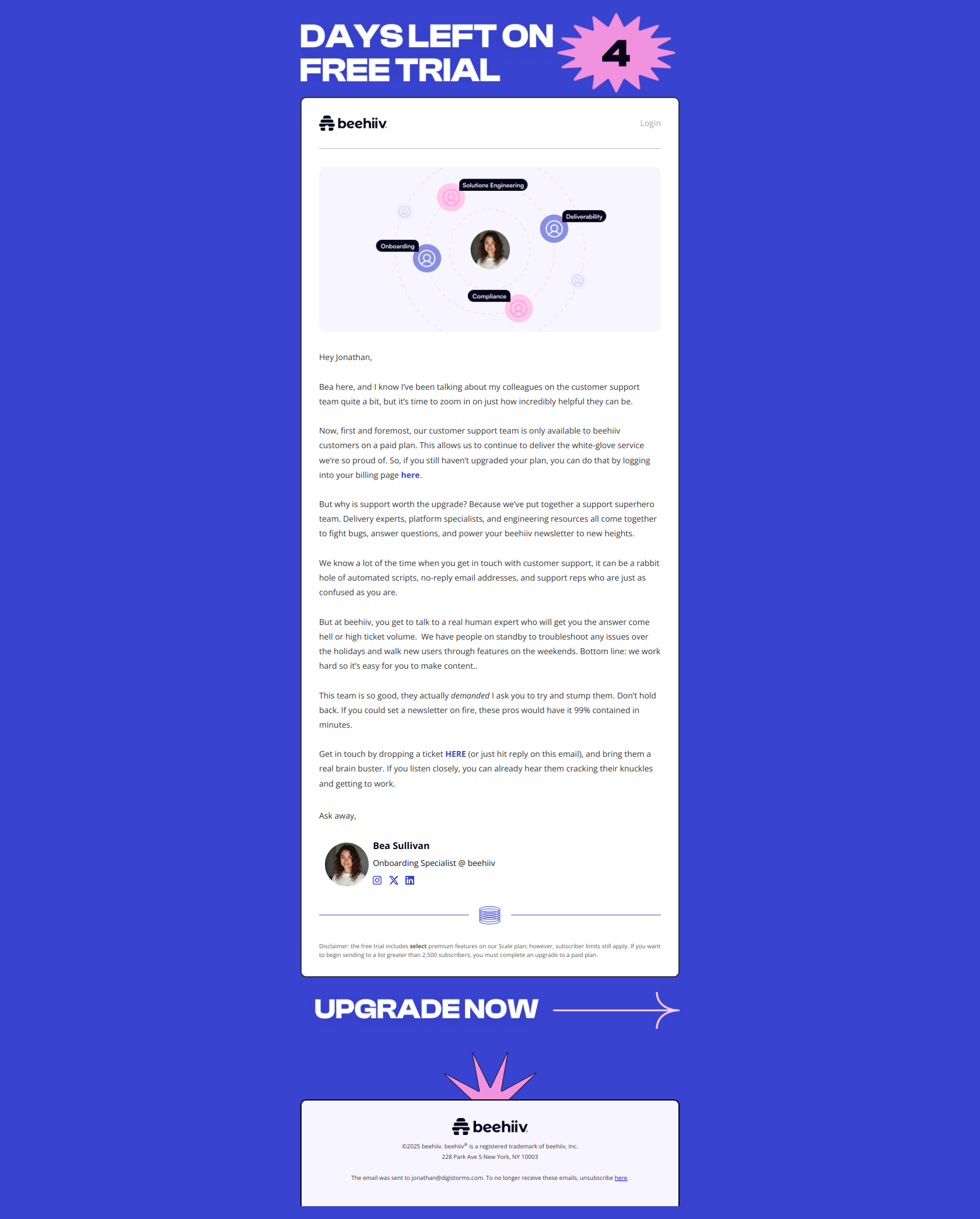How our support team helps you — email screenshot from Beehiiv