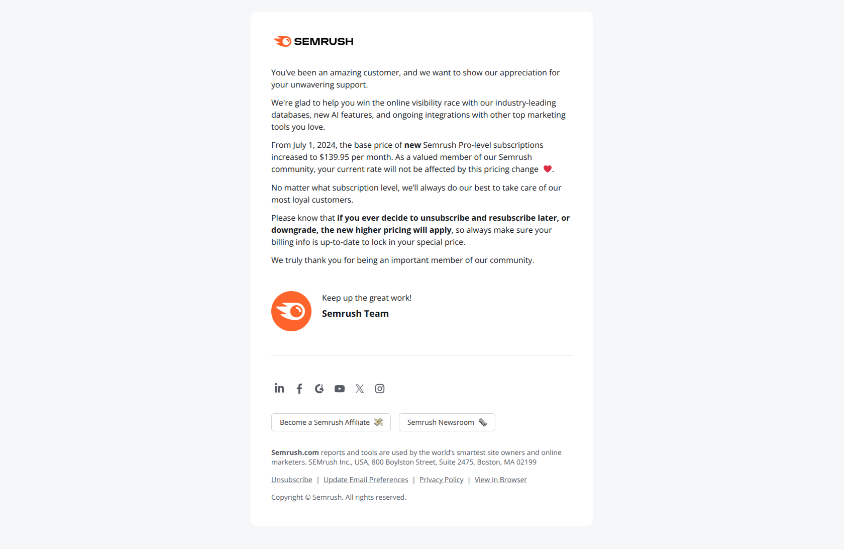 Thank you for being a loyal customer! — email screenshot from SemRush