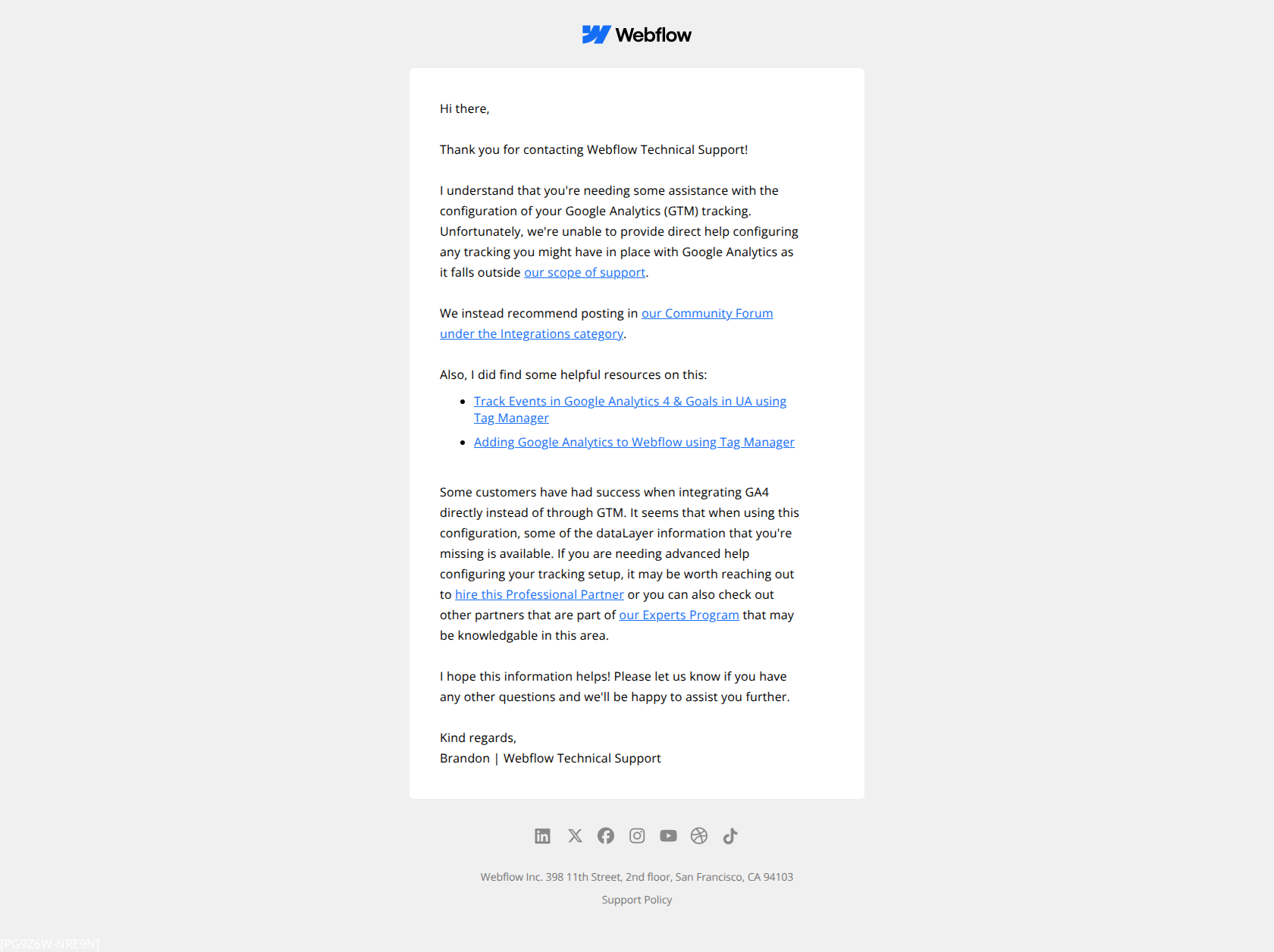 Re: GTM — email screenshot from Webflow