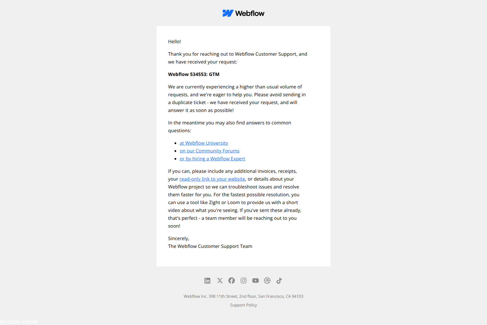 GTM — email screenshot from Webflow