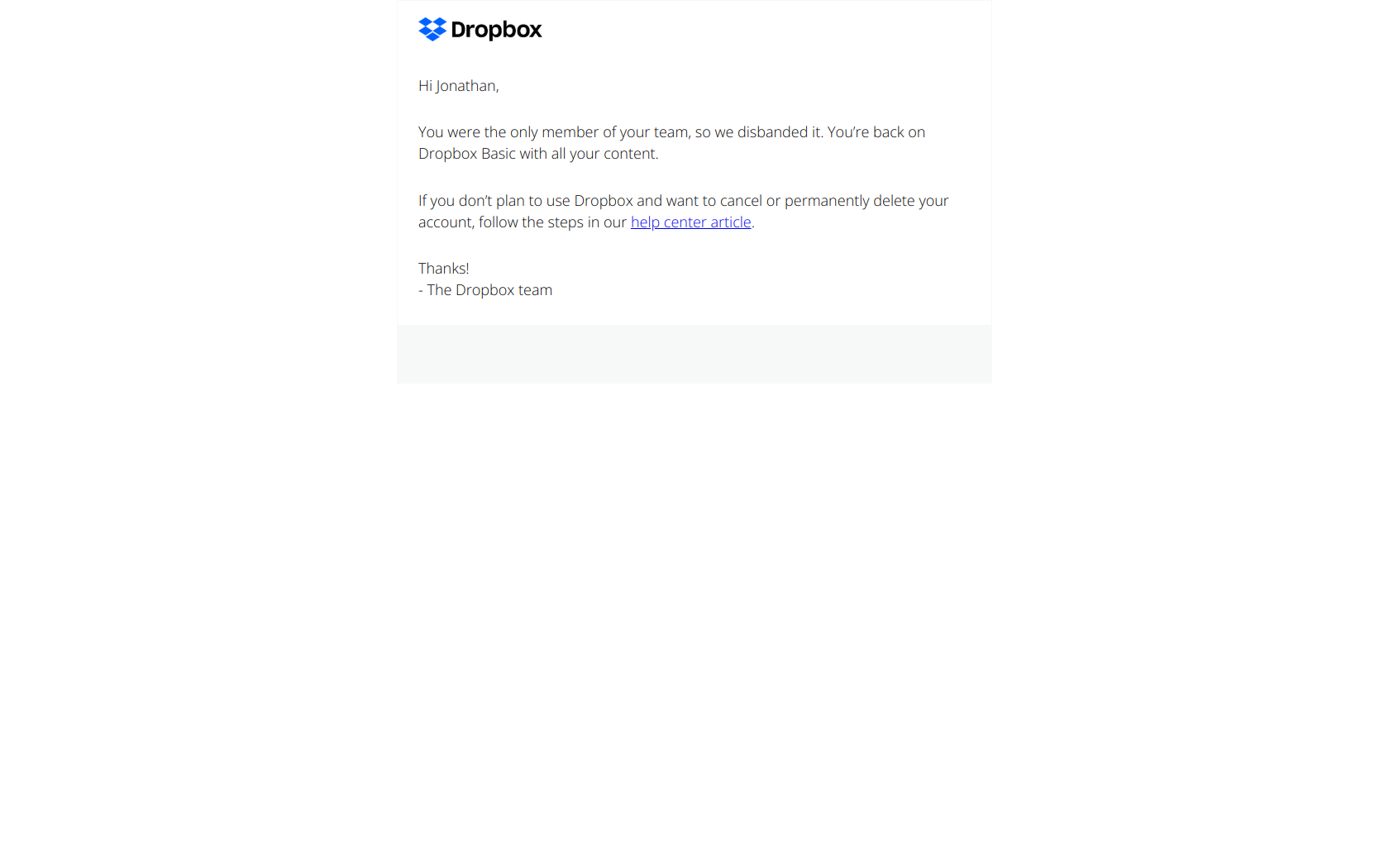 We reverted your Dropbox account — email screenshot from Dropbox