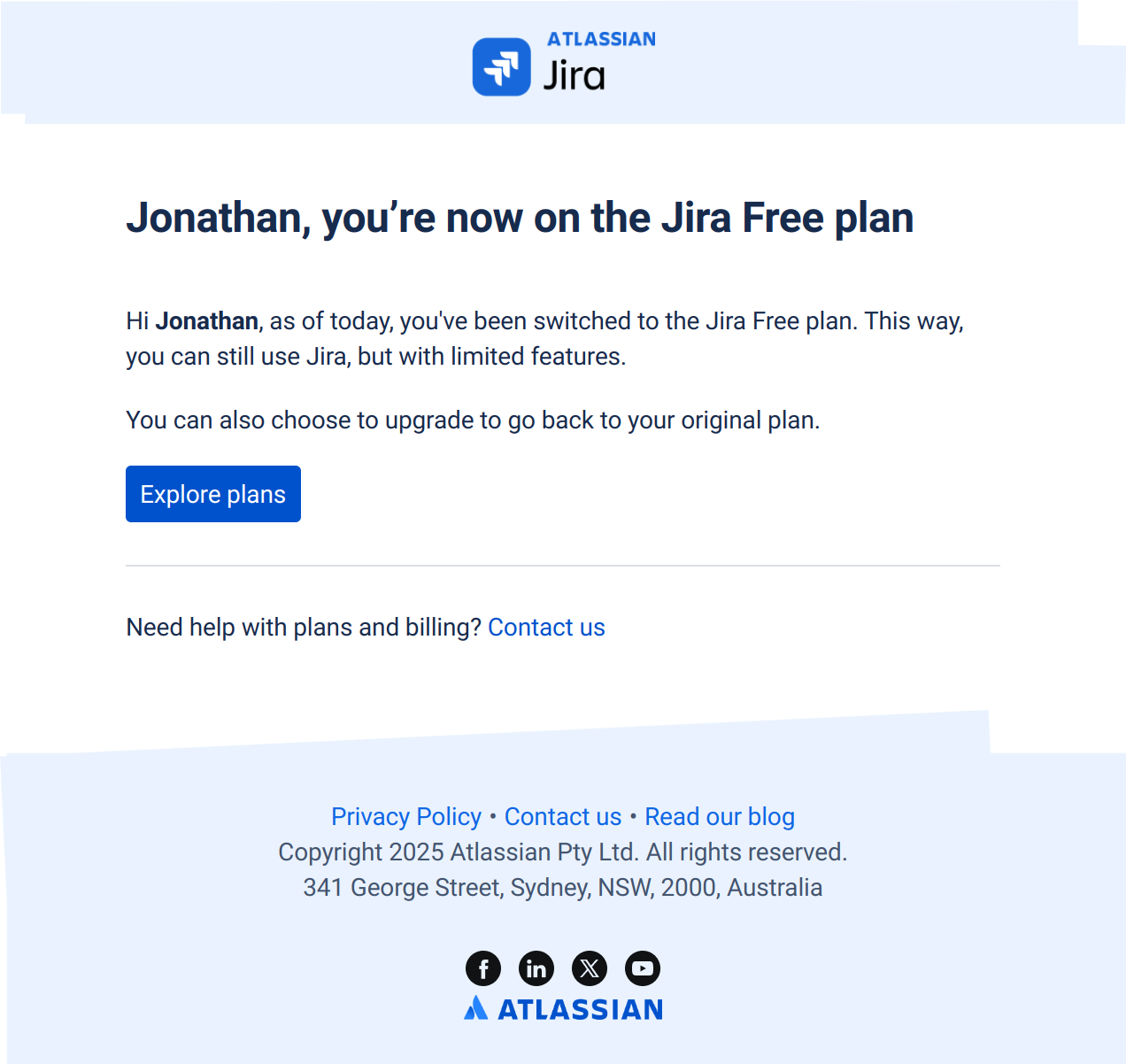 We’ve switched you to the Jira Free plan — email screenshot from Jira
