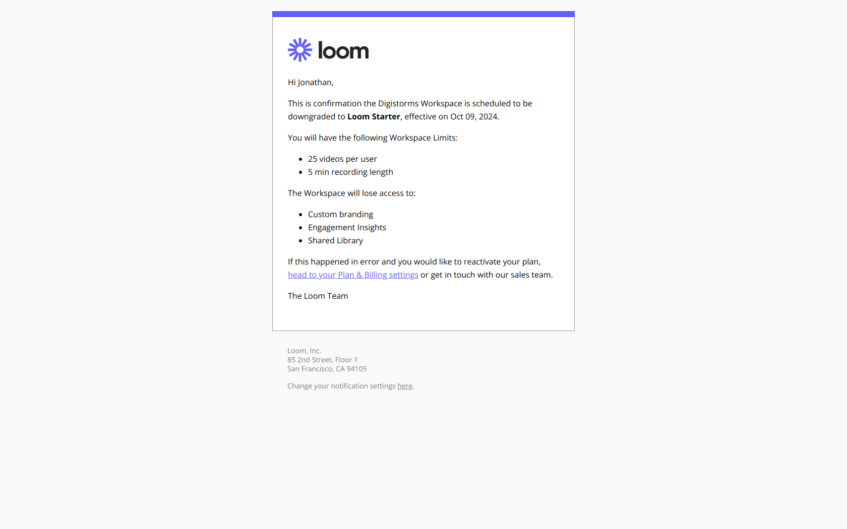 Digistorms has been downgraded to Loom Starter — email screenshot from Loom