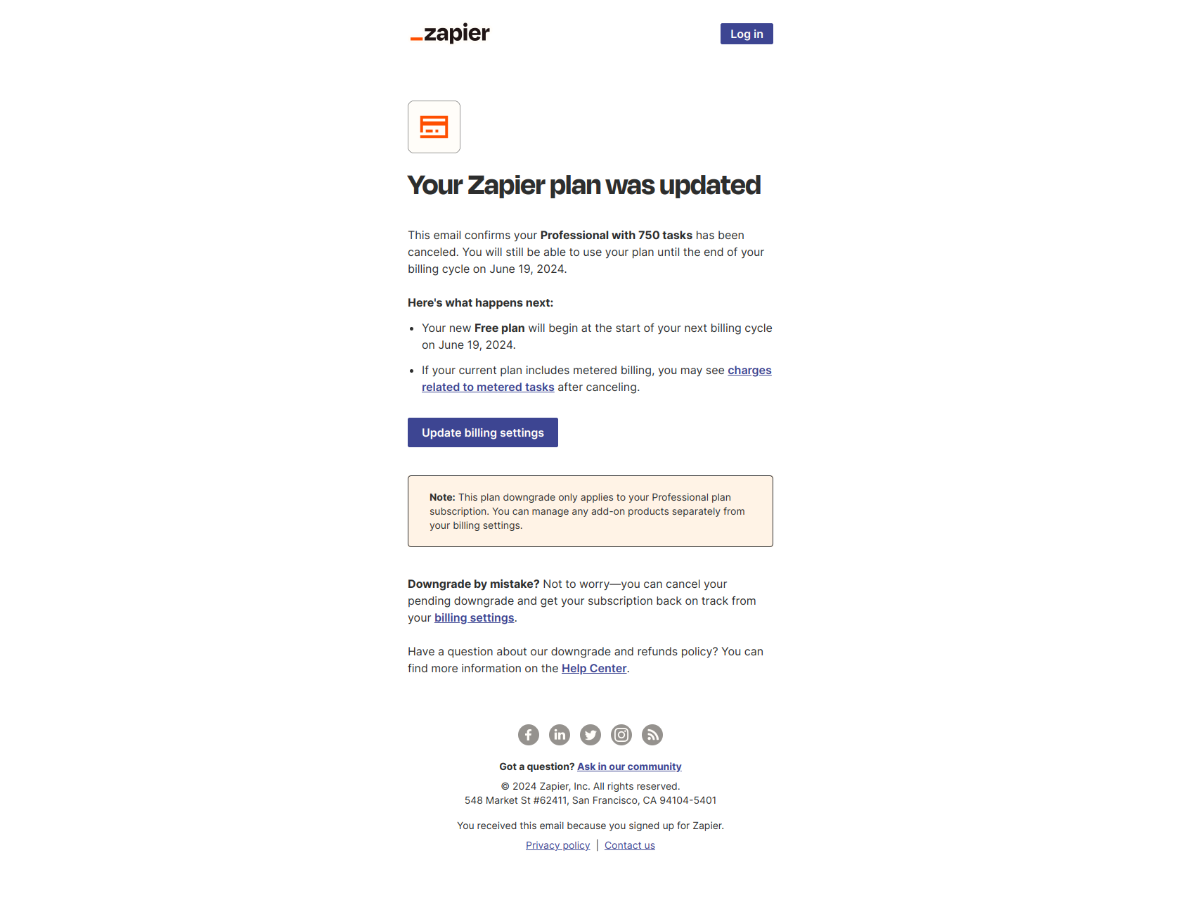 Your Zapier plan has been updated — email screenshot from Zapier