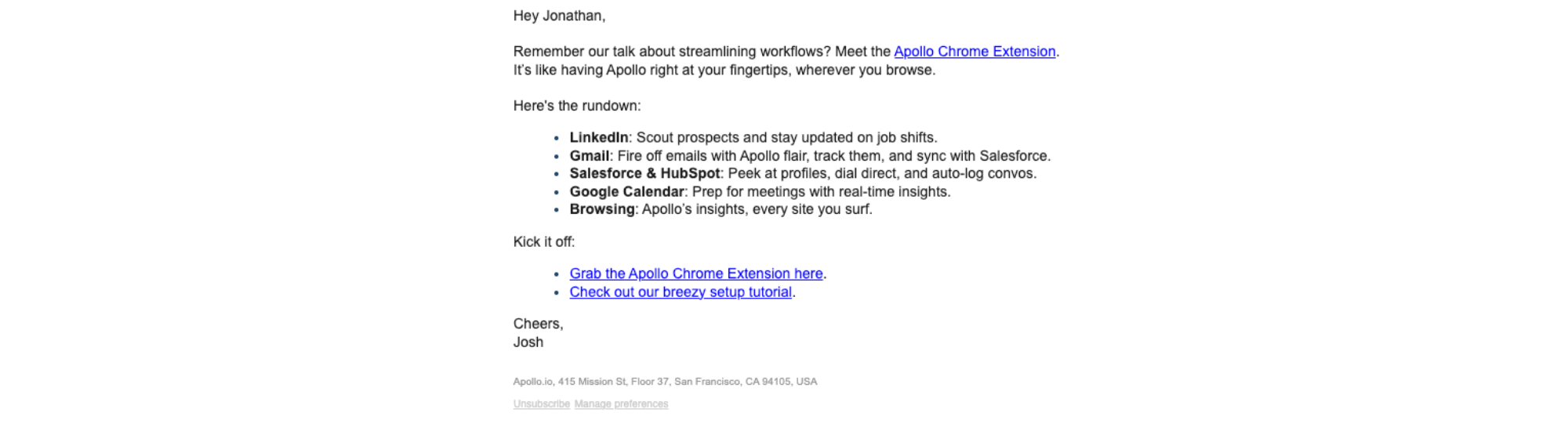 One-click lead sourcing — email screenshot from Apollo.io